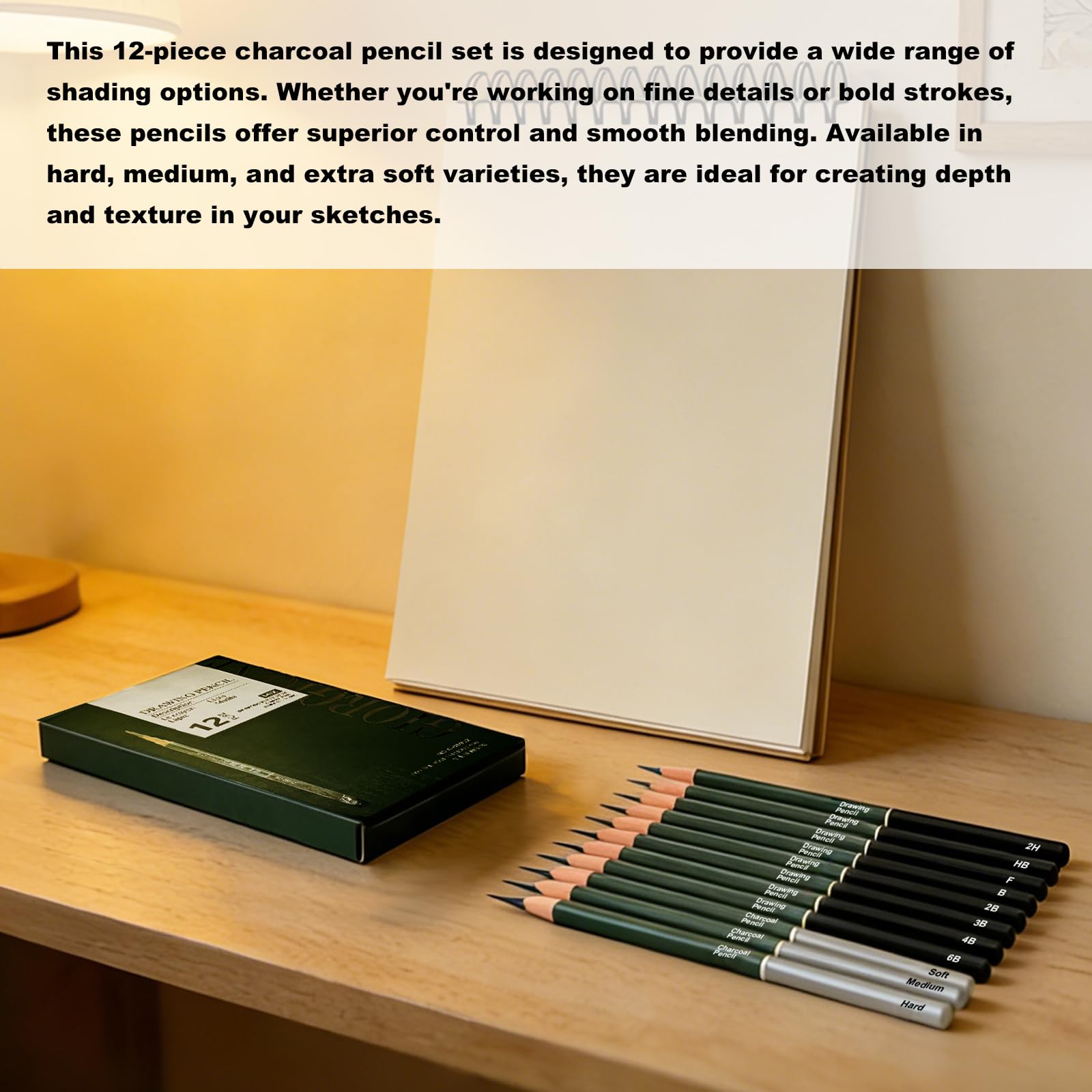 Juego de cuaderno de bocetos y lápices, tapa dura encuadernada en espiral con 60 hojas y 12 lápices de carbón (duro/medio/suave) para artistas profesionales y principiantes