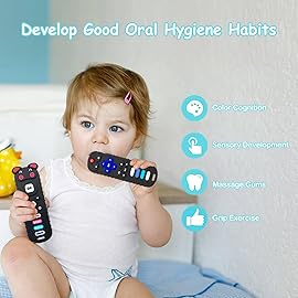 ERSIHUA 2-Pack Silicone Teething Toys for Baby, TV Remote Chew Toy Teethers for 3-6 Months, Baby Sensory Toys for 6 to 12 Months, TV Remote Control Toys for Boys and Girls (Black+Pink)
