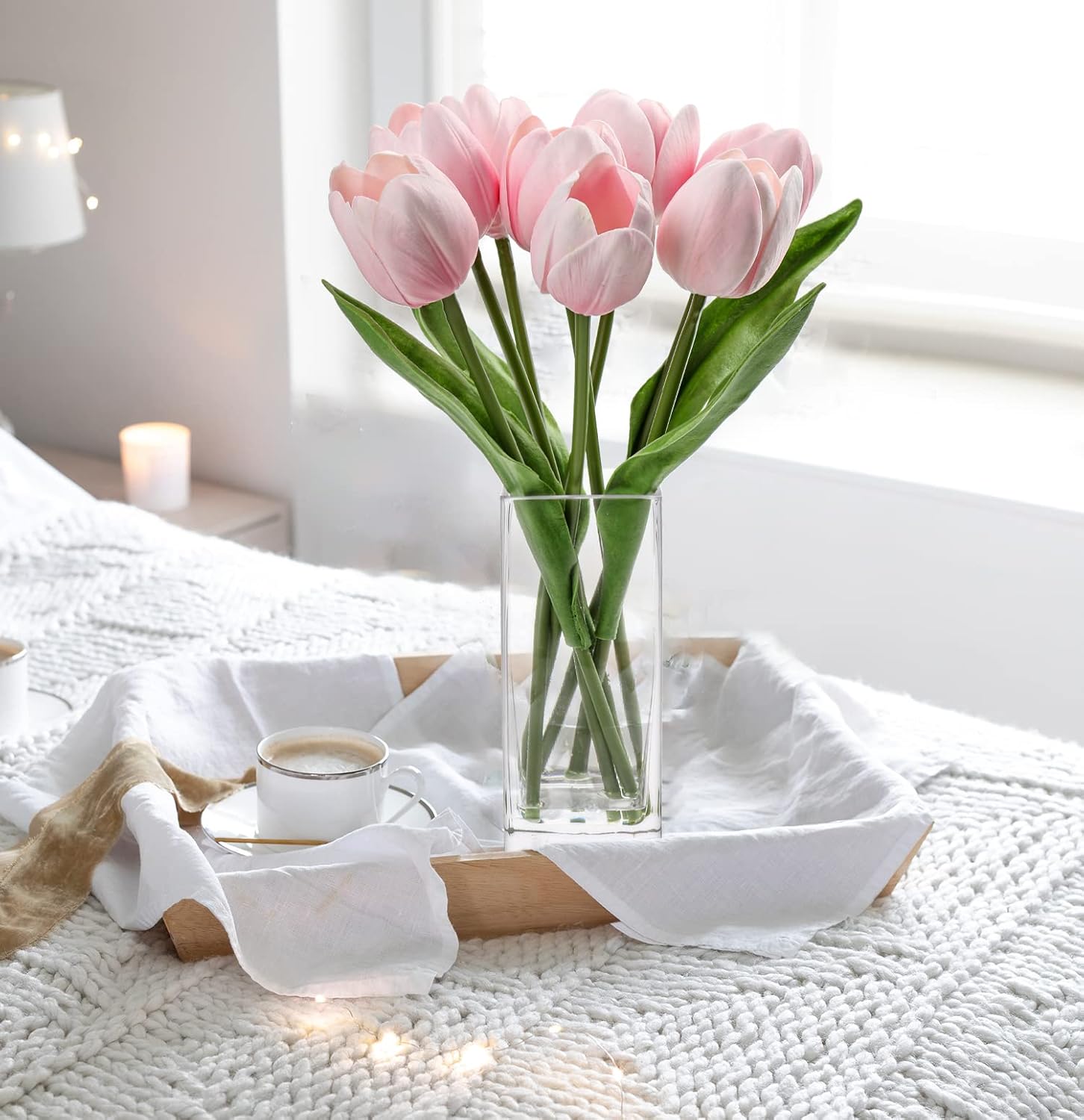 Briful Fake Flowers Artificial Tulip Flower Pink in Clear Vase, Real Touch Foam Tulip Arrangement Suitable for Home Office Decoration, Dining Table Centerpiece