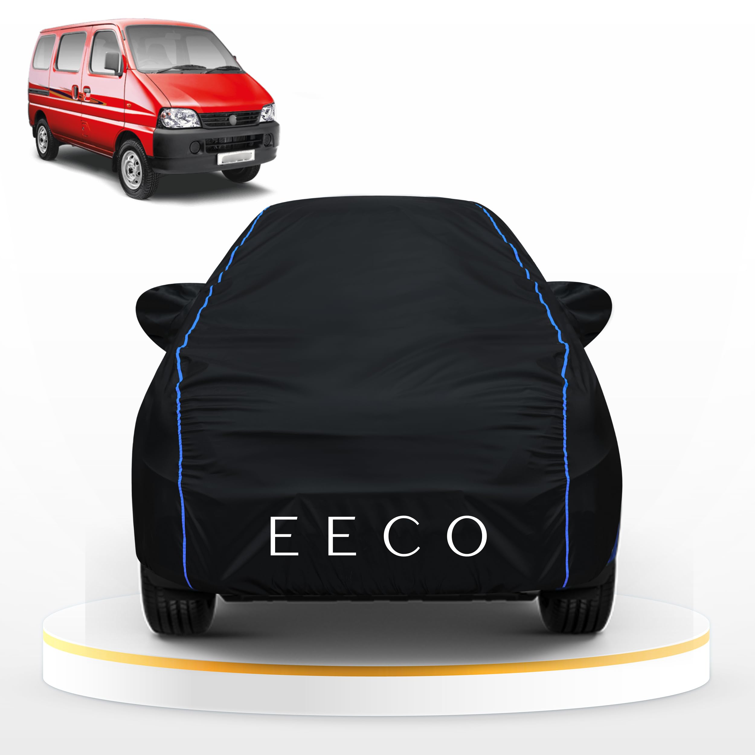 AYSHU Car Cover for Maruti Suzuki Eeco, Water Resistant with Mirror & Antenna Pocket, Triple Stitched, Bottom Elastic, Dustproof Full Body Protection, Heat & UV Resistant, Black with Blue Piping-image-36