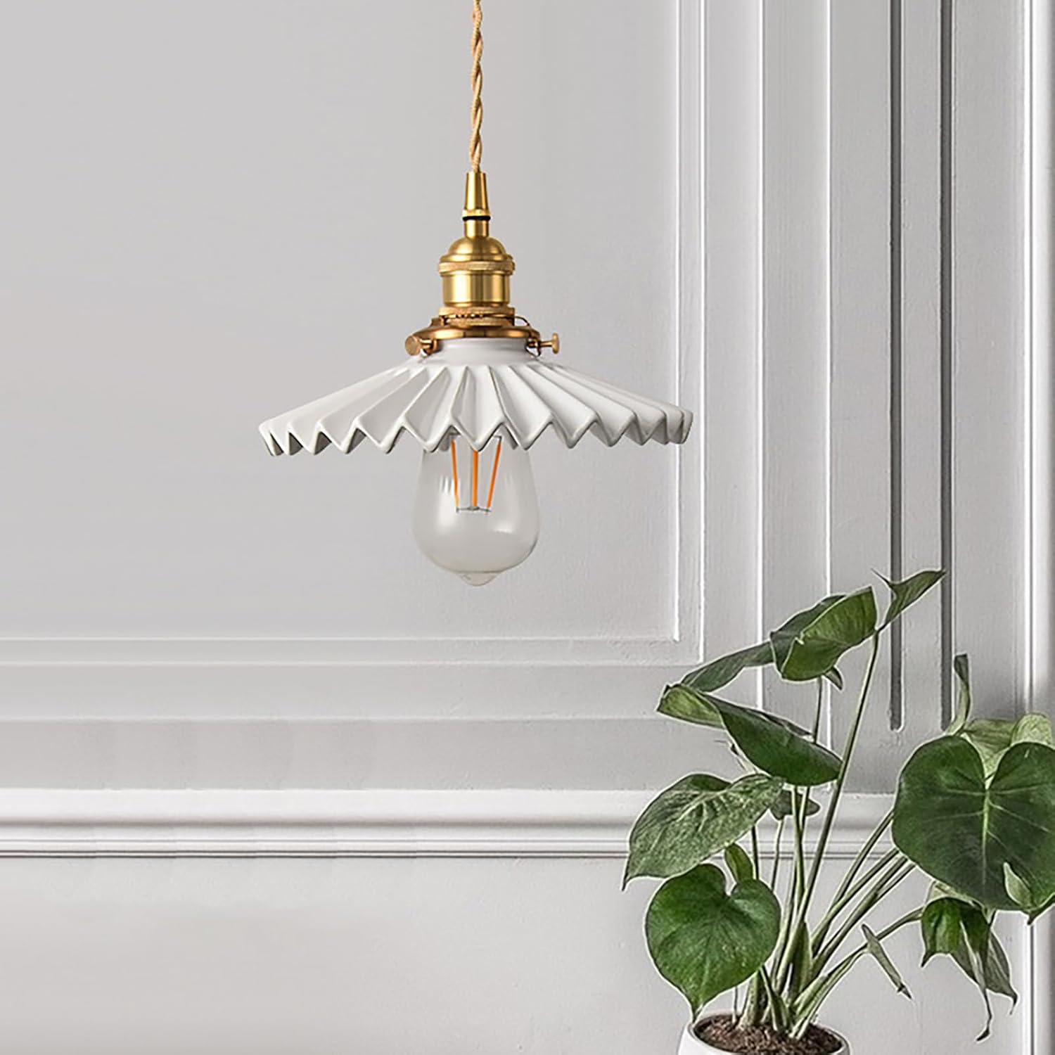 Retro Vintage Style Polished Milk White Ceramic Pendant Lamp Fixture 7.8" Ceramic Shade and Gold Brass Finish with ON/Off Switch Pendant Hanging Light(7.8")
