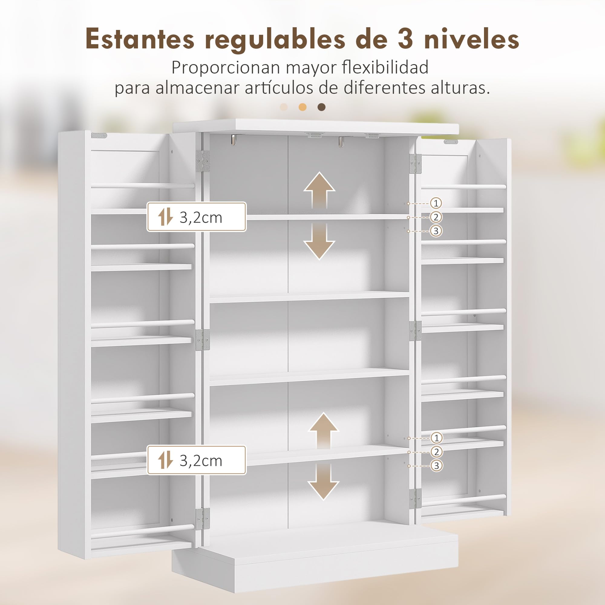 HOMCOM Armario de Cocina, Armario Despensa Cocina, con 2 Puertas, 16 Estantes, Alacena Moderna, con Estantes Ajustables, para Comedor, Salón, 60x30x104 cm, Blanco
