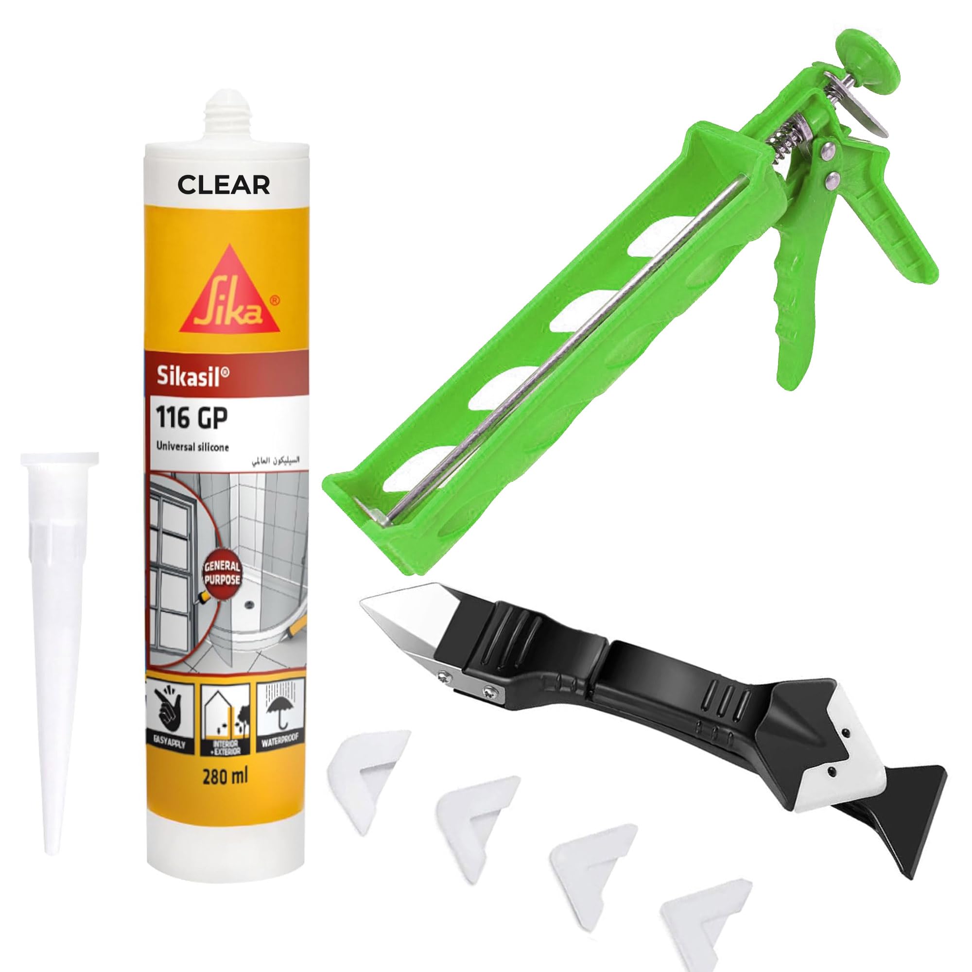 Sika Sikasil 116-GP Clear Silicone Sealant - Universal General Purpose Acetoxy Cure, 280m - With Plastic Gun and Scraper Kit