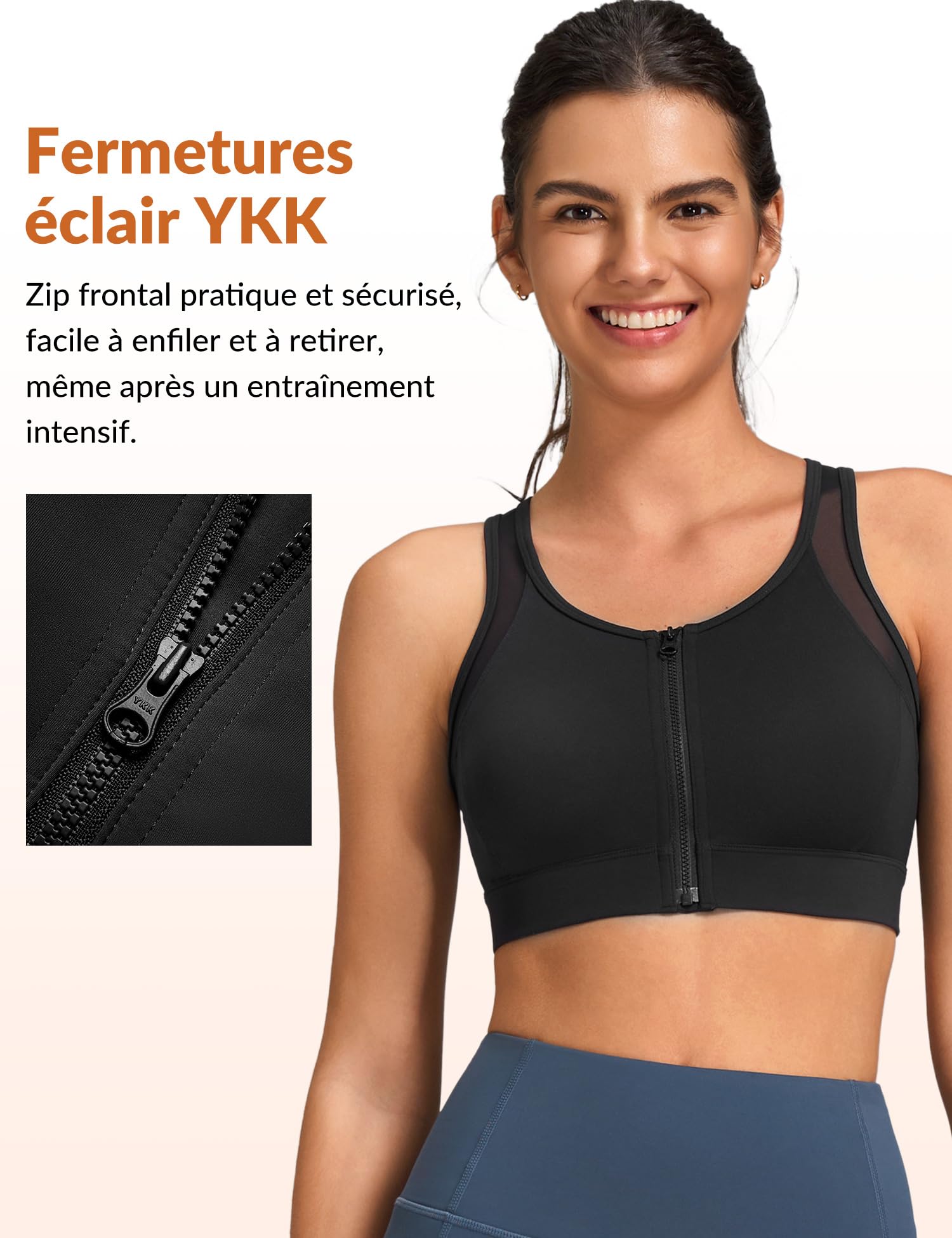 Yvette Soutien Gorge de Sport Femme Zipper Haut Maintien Grande Taille Dos Nageur sans Armature Coques Intégrées Idéale pour Gym Fitness