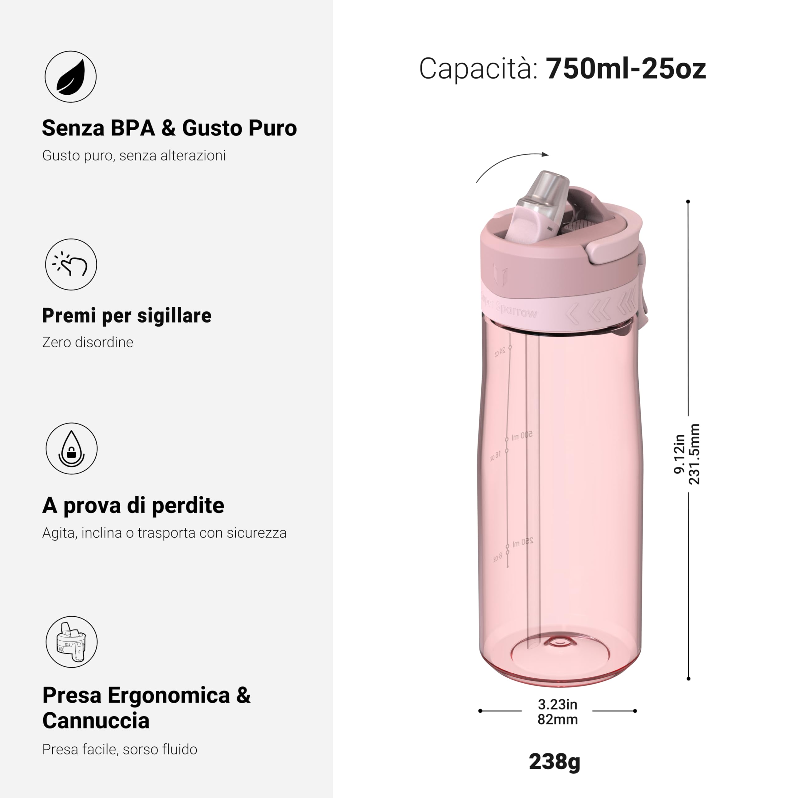 Sparrow Borraccia - 500ml, 750ml, 1L - TouchFlow Bottiglia Senza BPA - Senza Perdite Borraccia Cannuccia - Borracce Sportiva Flusso Rapido Con Un Clic per Scuola, All'aperto