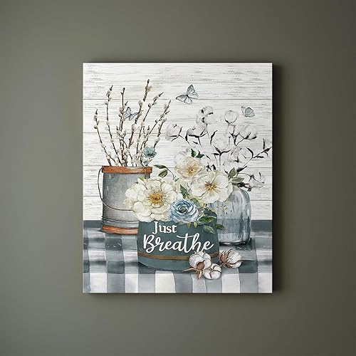 Miniatura 3 de Luslya Arte de pared rústico de algodón blanco con diseño de flores de algodón con texto en inglés "Just Breathe", pintura de baño, pósteres
