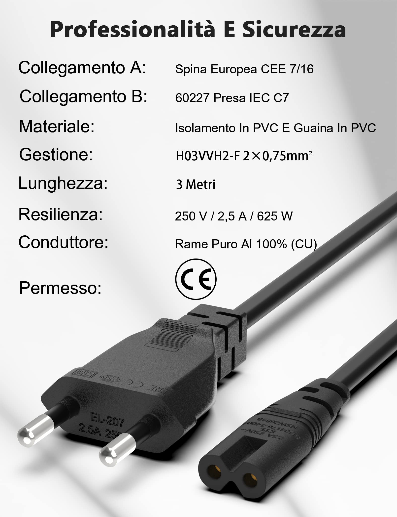 Conecto Cavo Di Alimentazione – Spina Euro 90° A C7 IEC 90° – 1 Metro – Nero – 2x0,75 Mm²