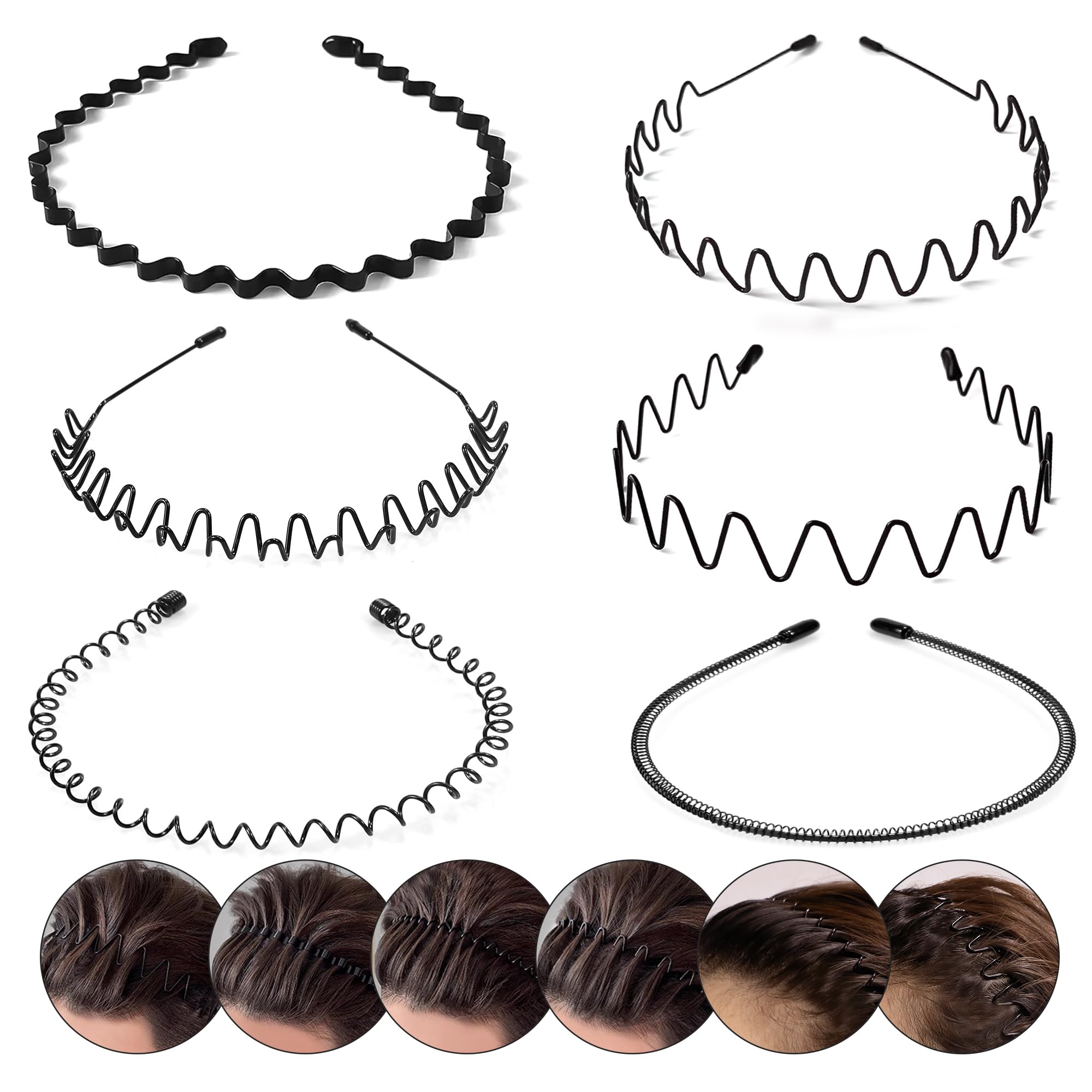 Elalove 6 PCS Metal Wave Headbands for Men and Women, Black Spring Hair Hoop Headband, Unisex Flexible Hair Bands for Sports, Bangs, and Styling
