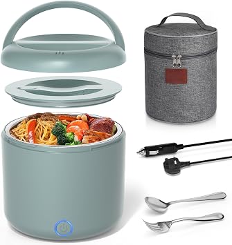 Vabaso 100W Electric Lunch Box Adults, 1.2L Heated Lunch Box with Insulated Lunch Bag, 12V/24V/230V 3-in-1 Lunchbox for Travel, On-The-Go & Office Use, Gifts for Car Truck Driver, Green