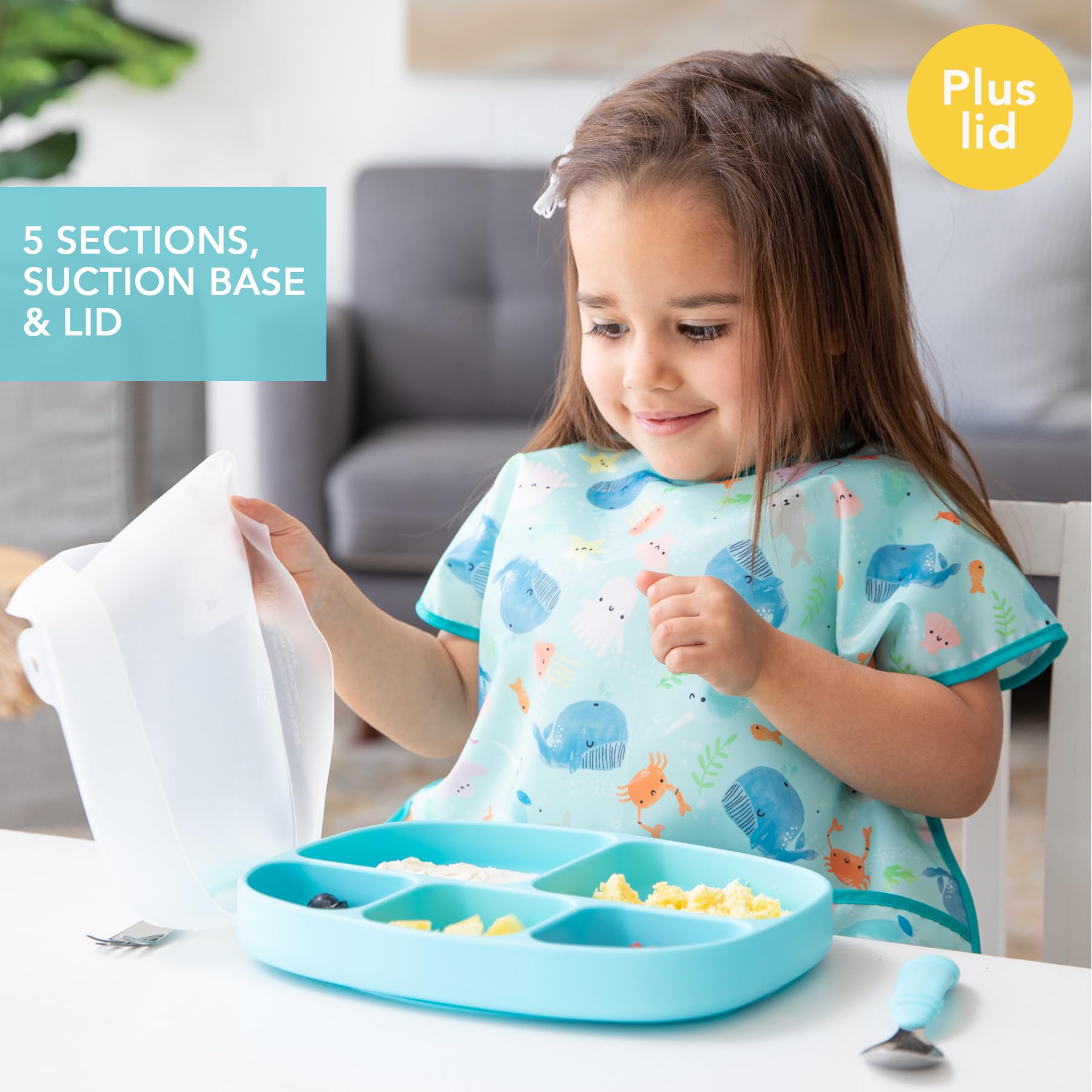 Bumkins - Plato de caja de silicona con tapa (5 compartimentos) - Azul