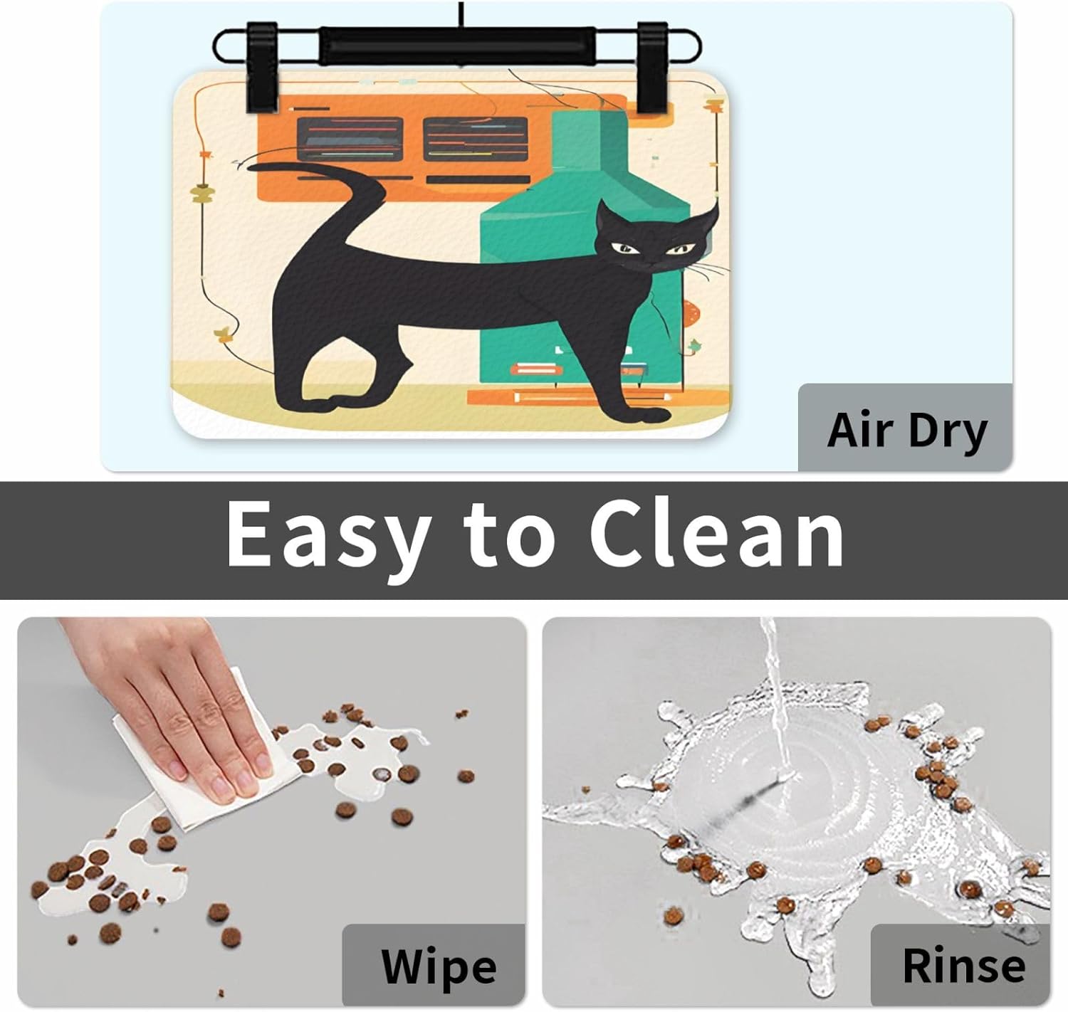 Dog Food Mat for Floors Absorbent, Cat Mat for Food and Water, Mid-Century Modern Art Cat, Non-Slip Leather Pet Feeding Mats, Waterproof Dog Cat Food Mats, Quick-Dry Diner Placemat for Bowls