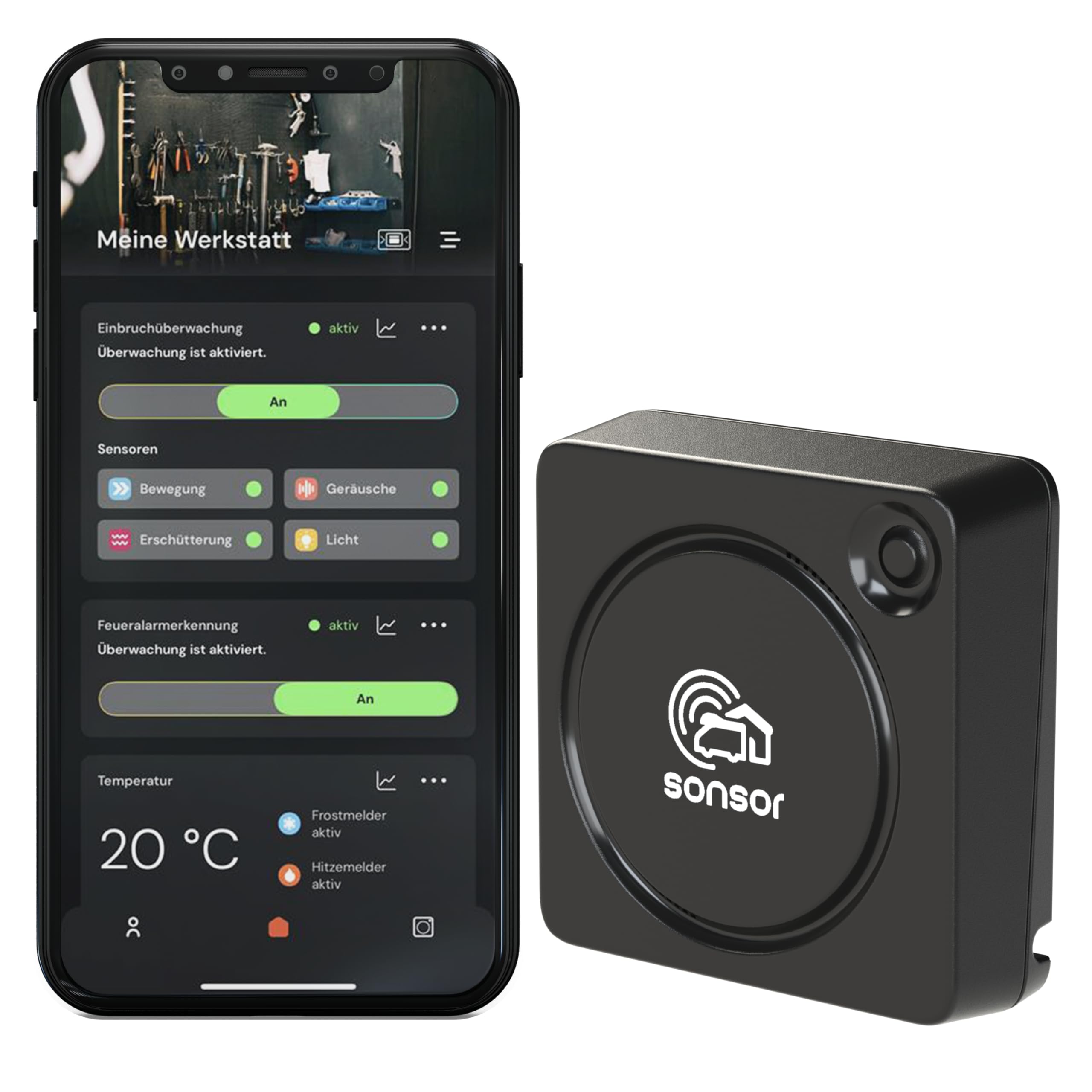 Sonsor – Sistema de alarma y sensor de climatización con aplicación gratuita con WiFi para casa, apartamento, garaje o jardín (negro)