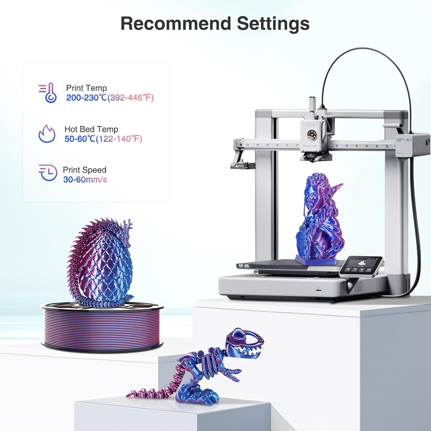 White Silk PLA Filament with Blue Rose Red Silk PLA Filament