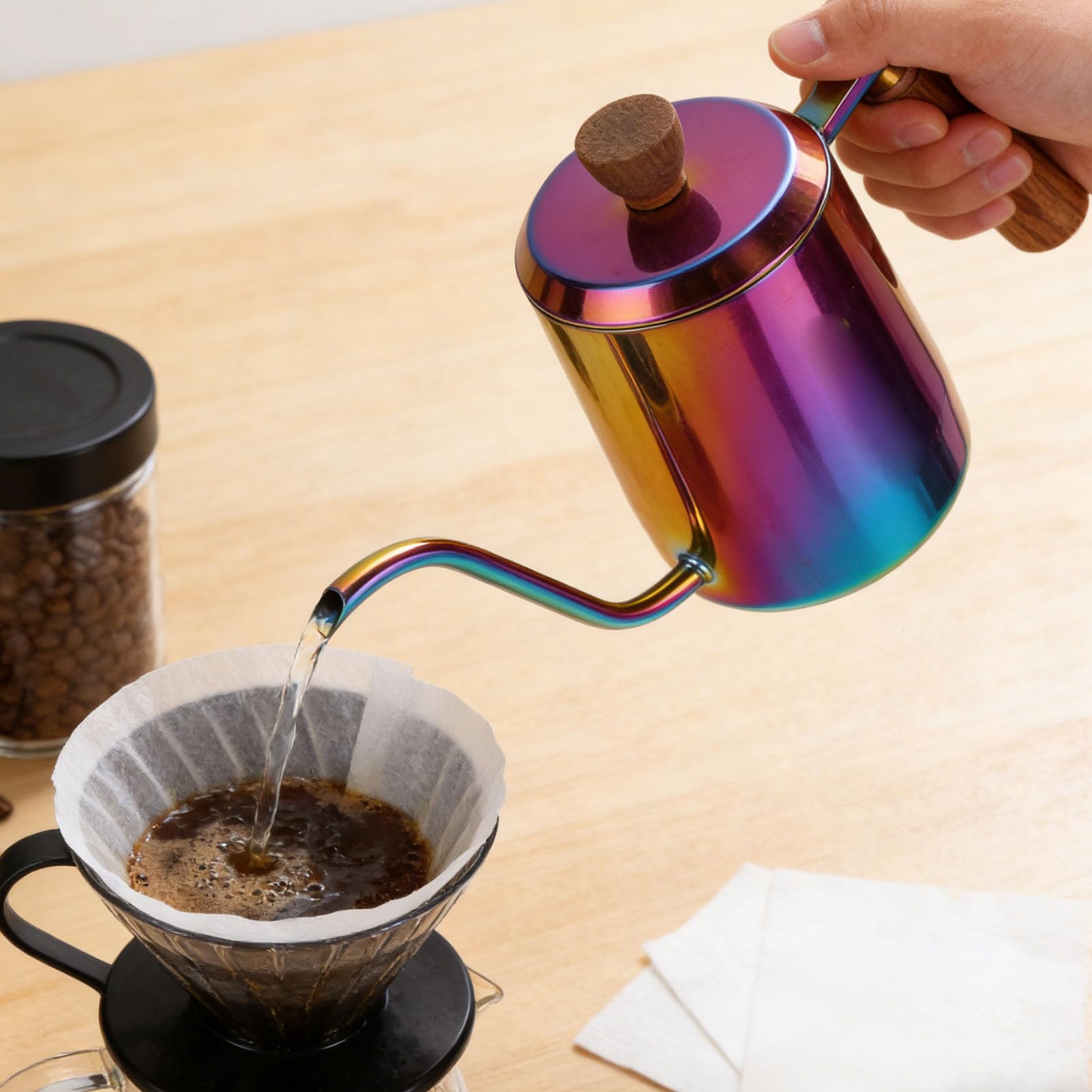 Tissting Tetera De Café De Cuello Ganso Acero Inoxidable 600ml Con Mango De Madera