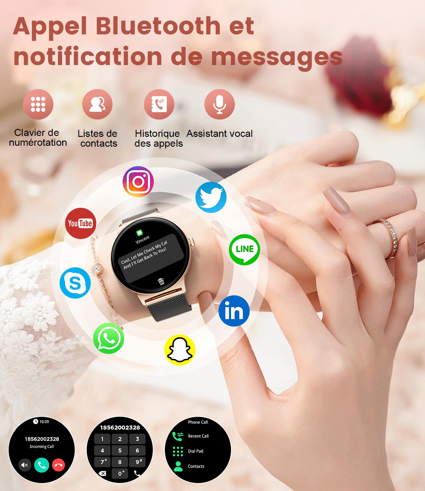 LIGE Montre Connectée Femme, 1.43" HD AMOLED Ultra-Fin Smartwatch avec Appel Bluetooth, Montre de Fitness 100+ Modes Sportifs, Santé Au Féminin,Sommeil, Fréquence Cardiaque, Podometre Calories,IP68
