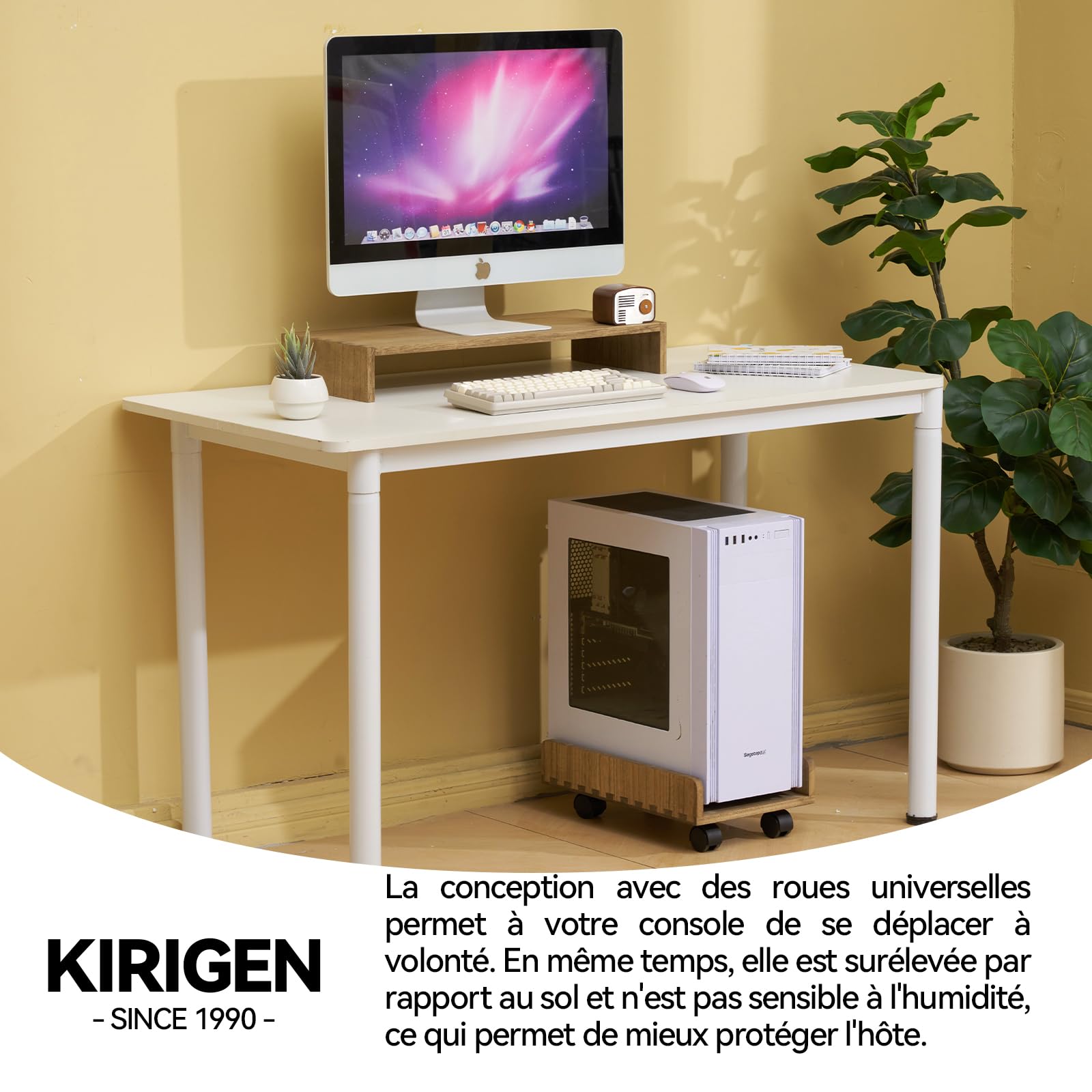 KIRIGEN Support CPU en Bois, détachable, avec roulettes pivotantes, Stable et Durable, adapté aux châssis ATX, PC de Jeu, Facile à Assembler, Support pour PC