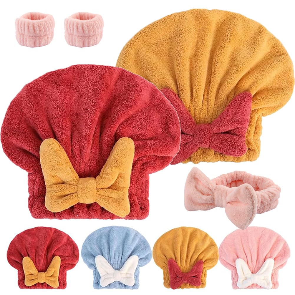Super Absorbent Towel Wrap With Bow - Fast Drying Turban Cap for Wet Hair - Efficient Wrap for Girls and Women (4PCS)