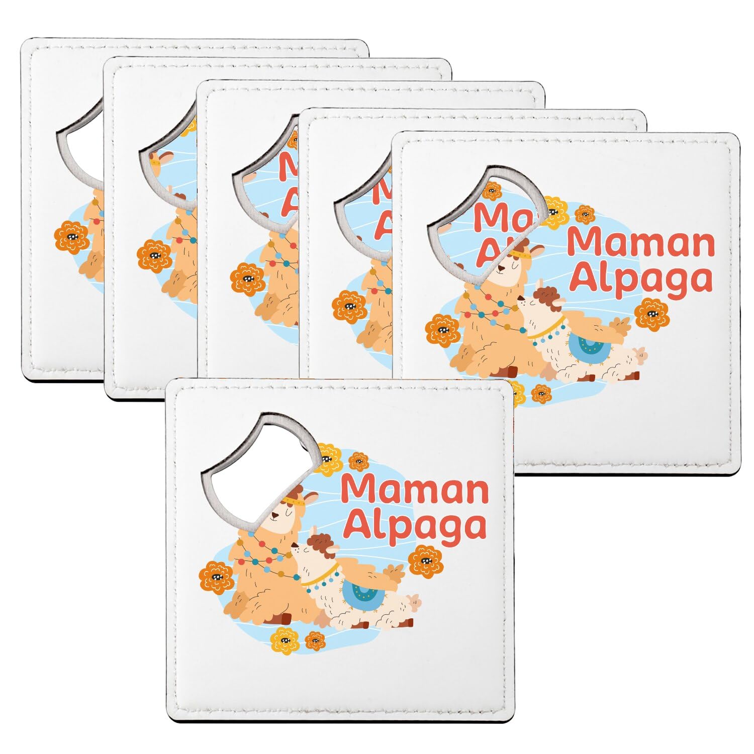 Sous-verre décapsuleur Maman Alpaga - Lot de 6 dessous de verre 92x92 mm