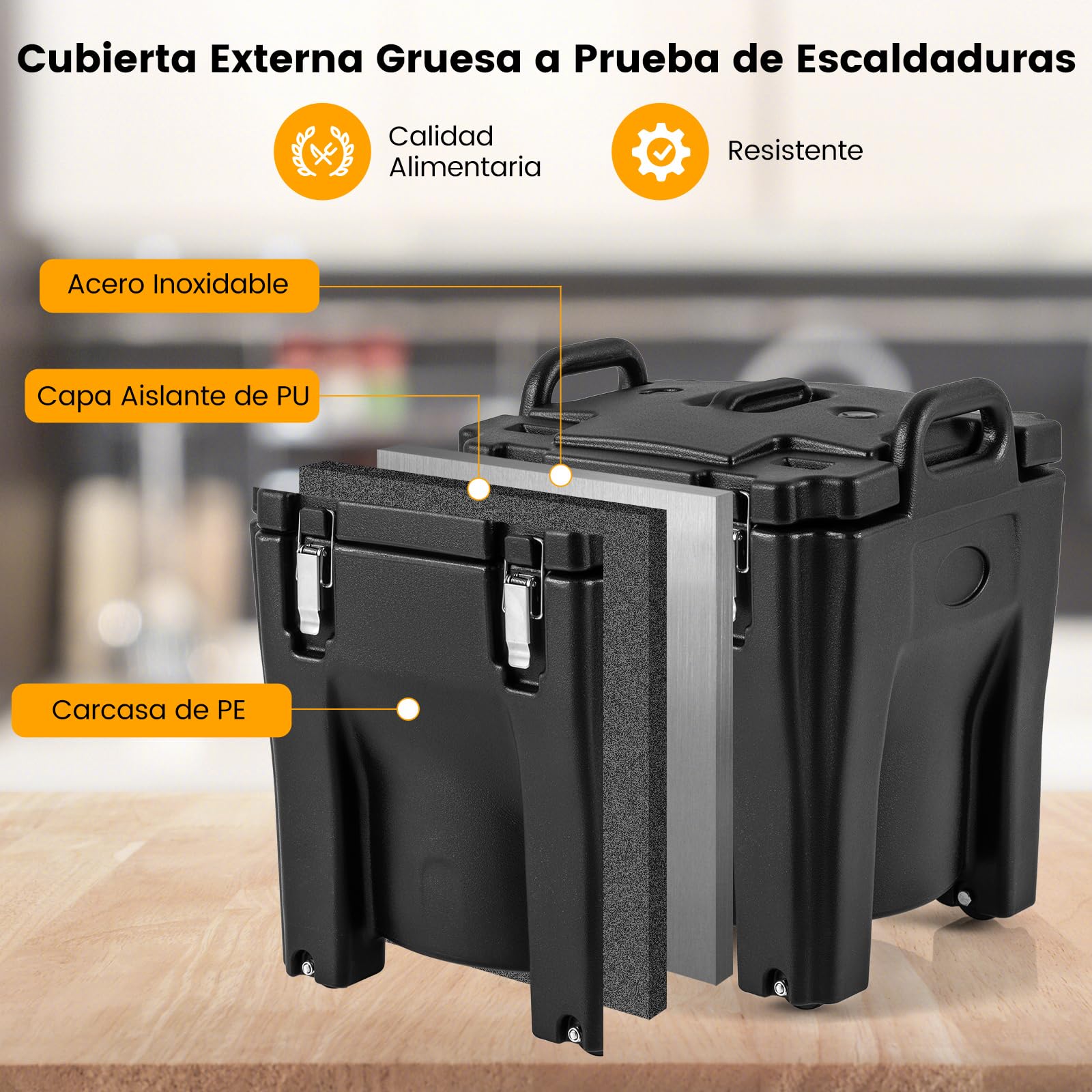 COSTWAY 30 L Contenedor Isotérmico, Recipiente para Calentar Alimento con Barril de Acero Inoxidable, Mantener Calor y Frío Durante 6H, Ruedas con Freno y 2 Asas, Calentador de Sopa para Fiesta