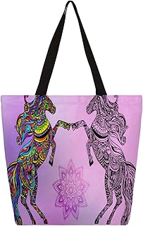 Sacola de lona feminina étnica animal cavalo grande sacolas para homens com bolsos sacolas de compras resistentes sacolas de compras reutilizáveis, bolsa de ombro casual para escola, trabalho, praia, Multicor