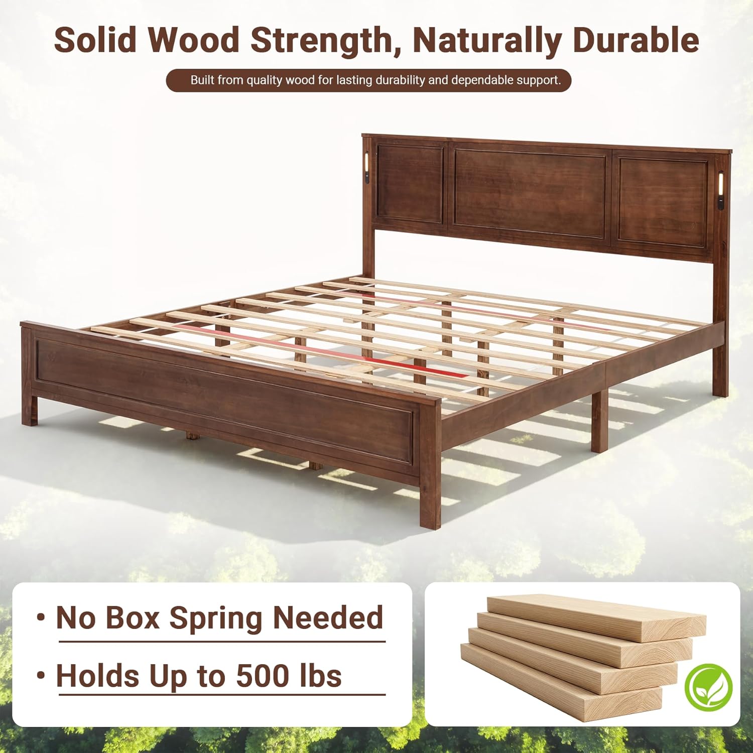 ivoros Queen Bed Frame with Headboard, Queen Size Pinewood Platform Bed Frame with LED Lights and USB Charging Station, 500lb Heavy Duty Support with 10 Reinforced Legs, No Box Spring Needed, Walnut