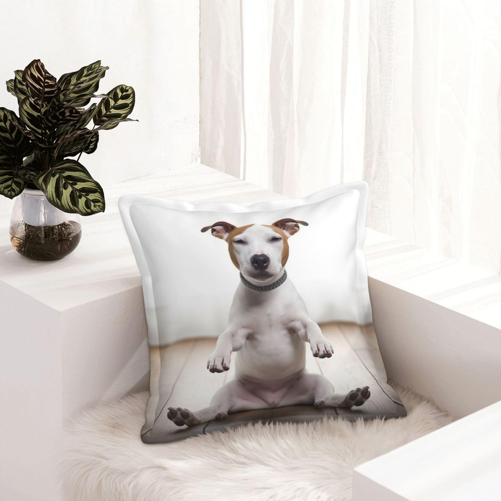 Housse de coussin similicuir 40x40 cm chien yoga pour décorer votre salon rustique