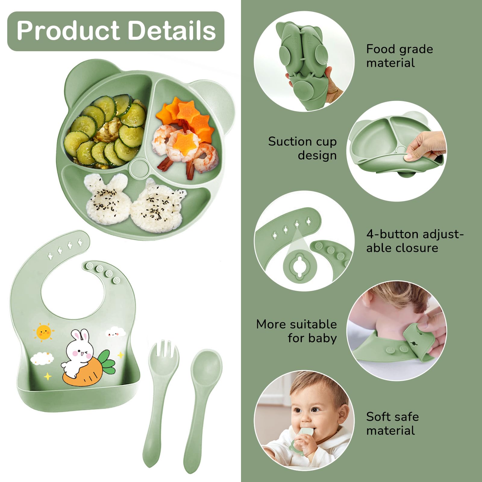 Coffret Repas Bébé 11 pièces Silicone Antidérapant avec Ventouse Assiette Bol Fourche Cuillère Bavoir Tasse Sans BPA Vert foncé