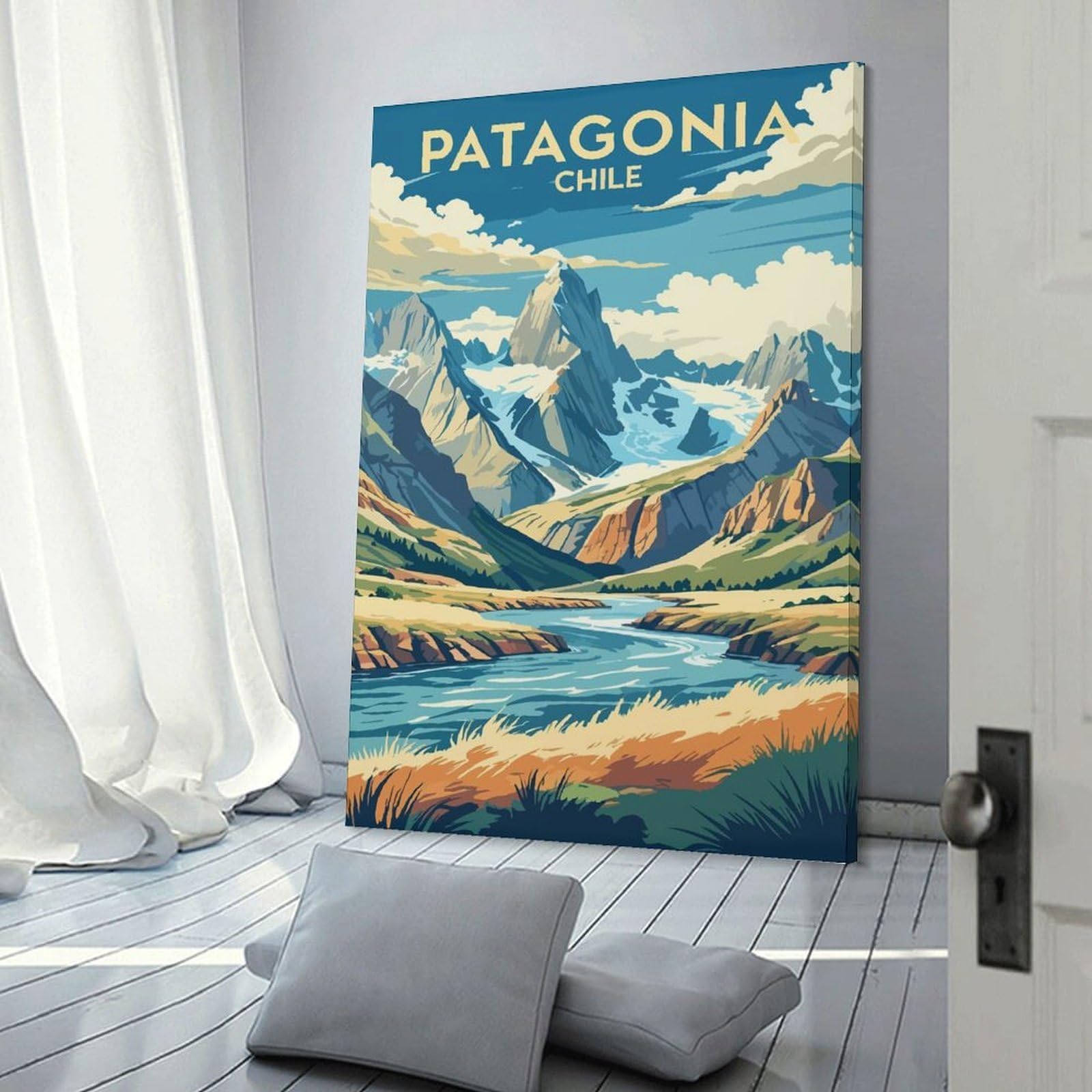 Junmoney Frame-Style-15 Patagonia Chile Landscape Illustration Home Decor Wall Art 24X36inch(60X90cm), For Art Walls, Layered Displays Or Homes, A Versatile Canvas Print For Layering