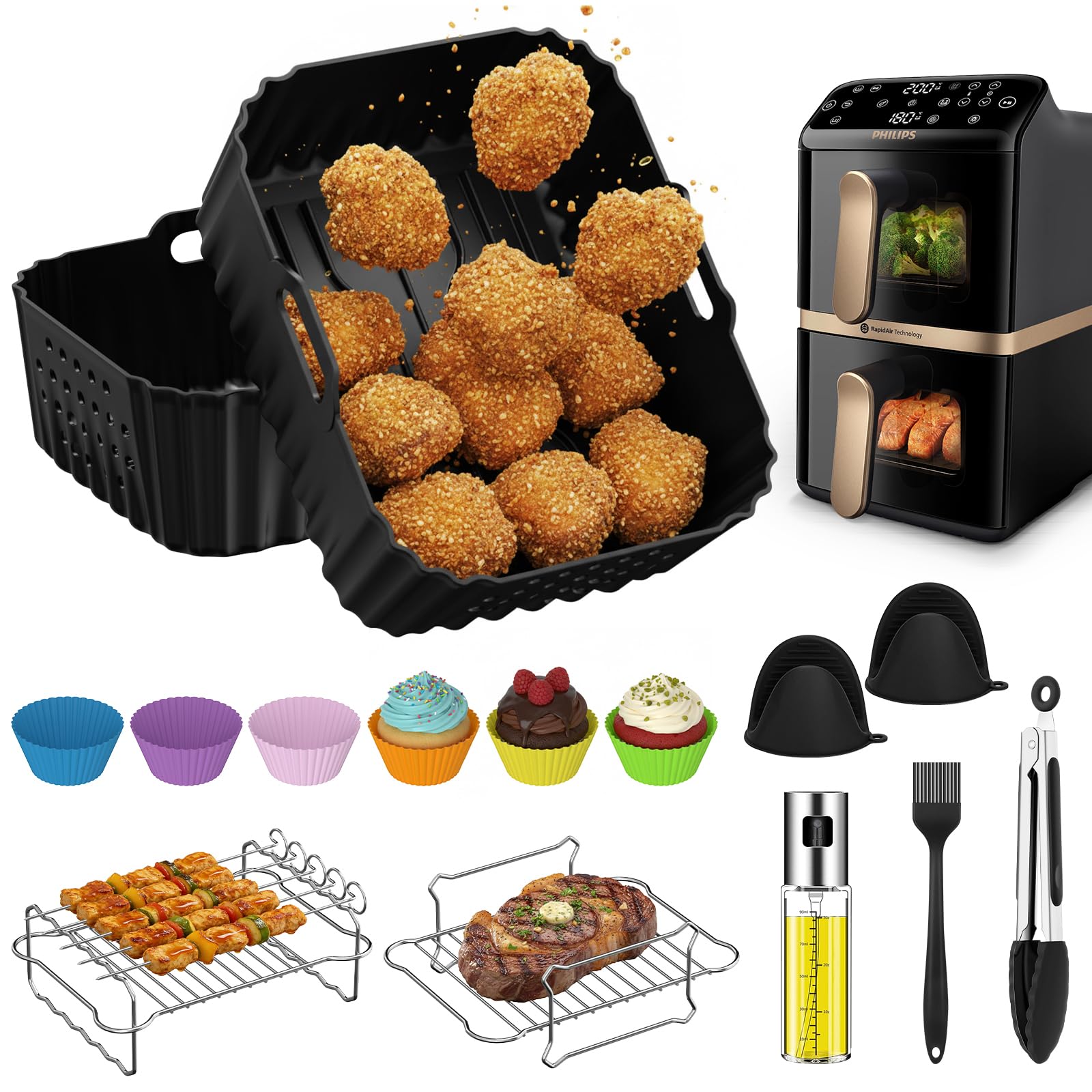 15-teiliges Zubehör für Philips Airfryer 4000 Series Stacked Dual Basket 10L, Heißluftfritteuse Zubehör für Philips NA460/00 & NA462/70, inkl. Silikonform, Edelstahl Grillrost & Backset