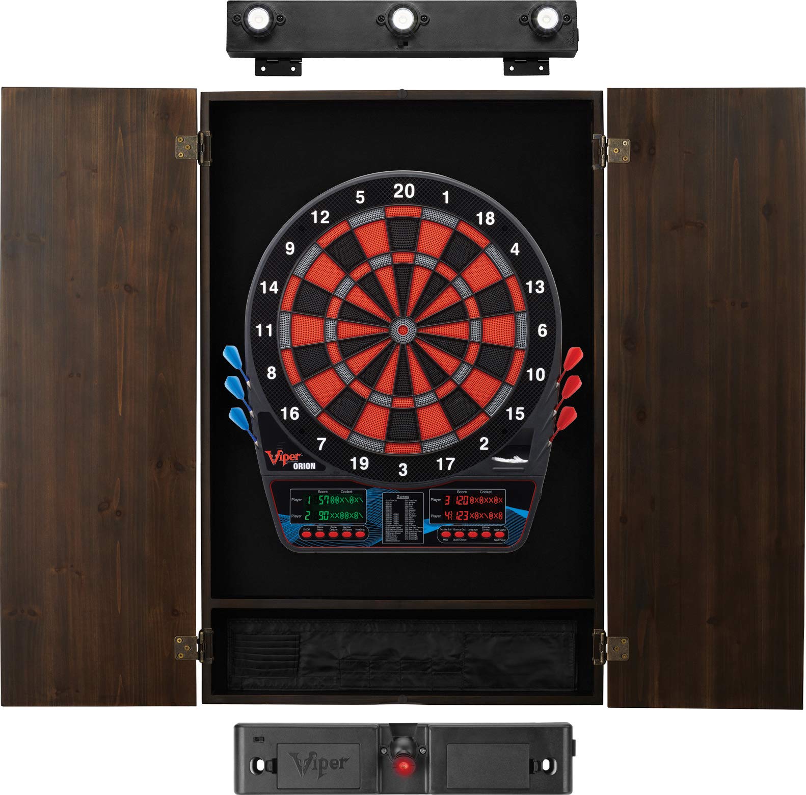 Viper by GLD Products Orion Electronic Dartboard, Metropolitan Espresso Cabinet, Laser Throw Line & Shadow Buster Dartboard Light Bundle