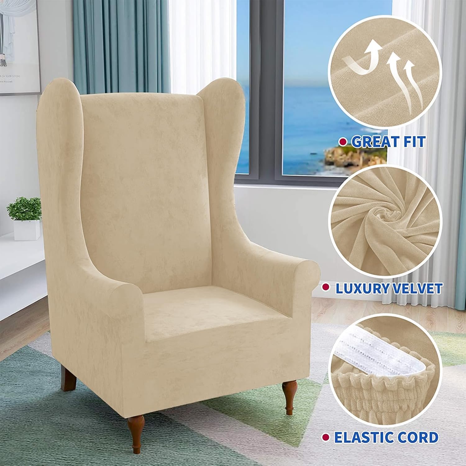 MAXIJIN Stretch Velvet Wingback Chair Slipcover 1-Piece Soft Stylish Plush Slipcovers for Wingback Chairs Thick Rich Velvet Wing Chair Cover with Elastic Bottom (Wing Chair, Camel)