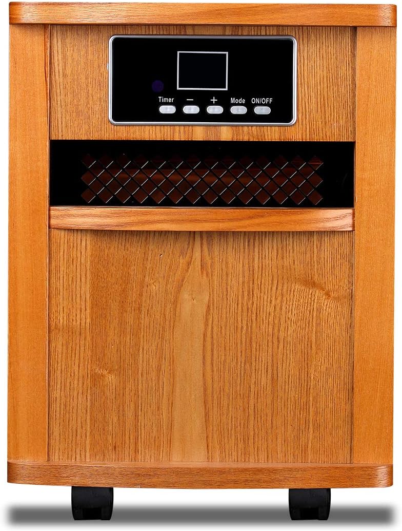 Close-up of the Homeleader IWH-01 heater's control panel with buttons for Timer, Minus, Plus, Mode, and On/Off, and a backlit LED display showing temperature and fan settings.