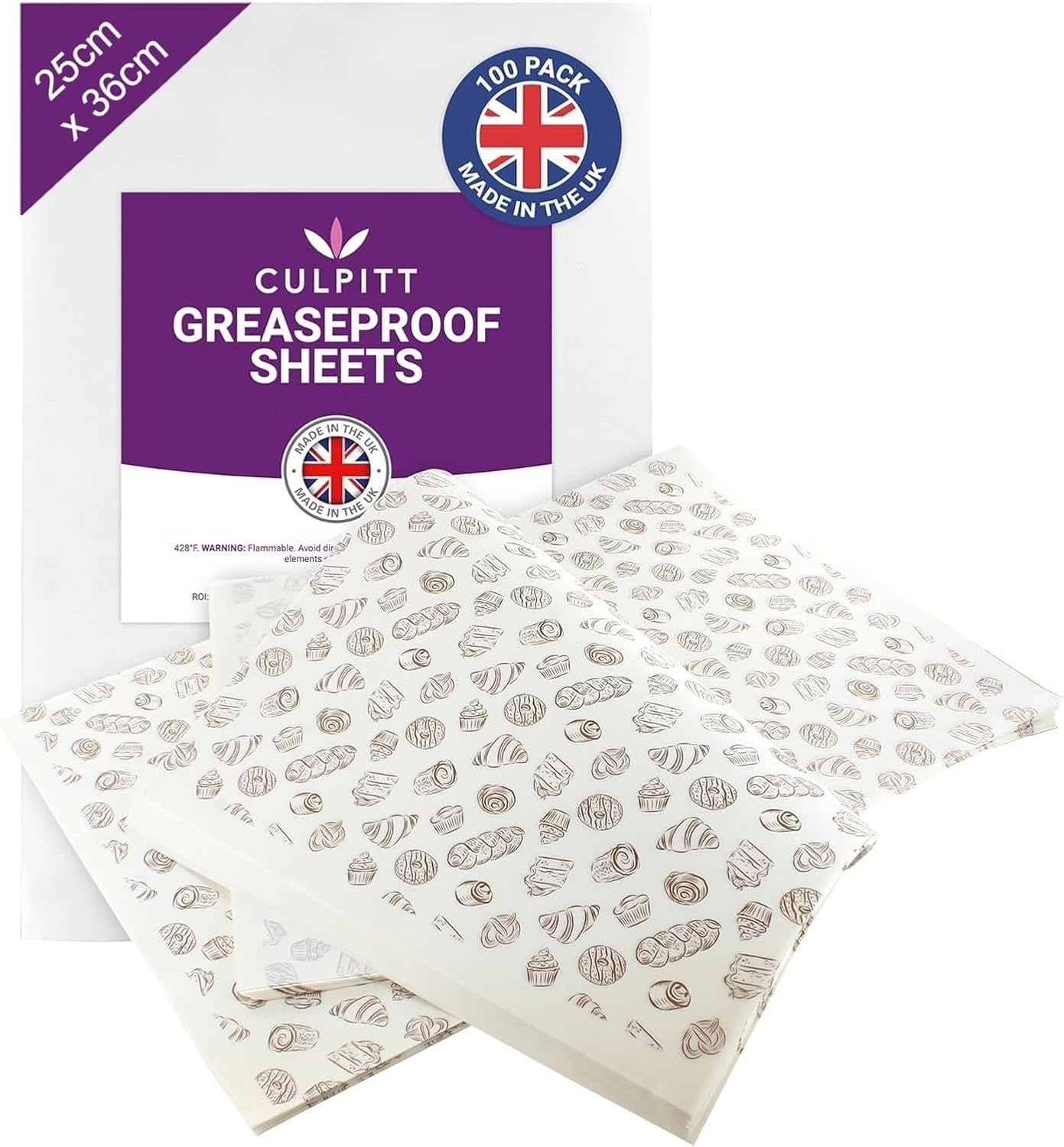 Culpitt Greaseproof Paper Sheets | Bakery | 100 Sheets | Printed Pre Cut Baking Paper for Freezing, Serving, Displaying | Cookies, Cakes, Pastries, Sandwiches - 25cm x 36cm - 100