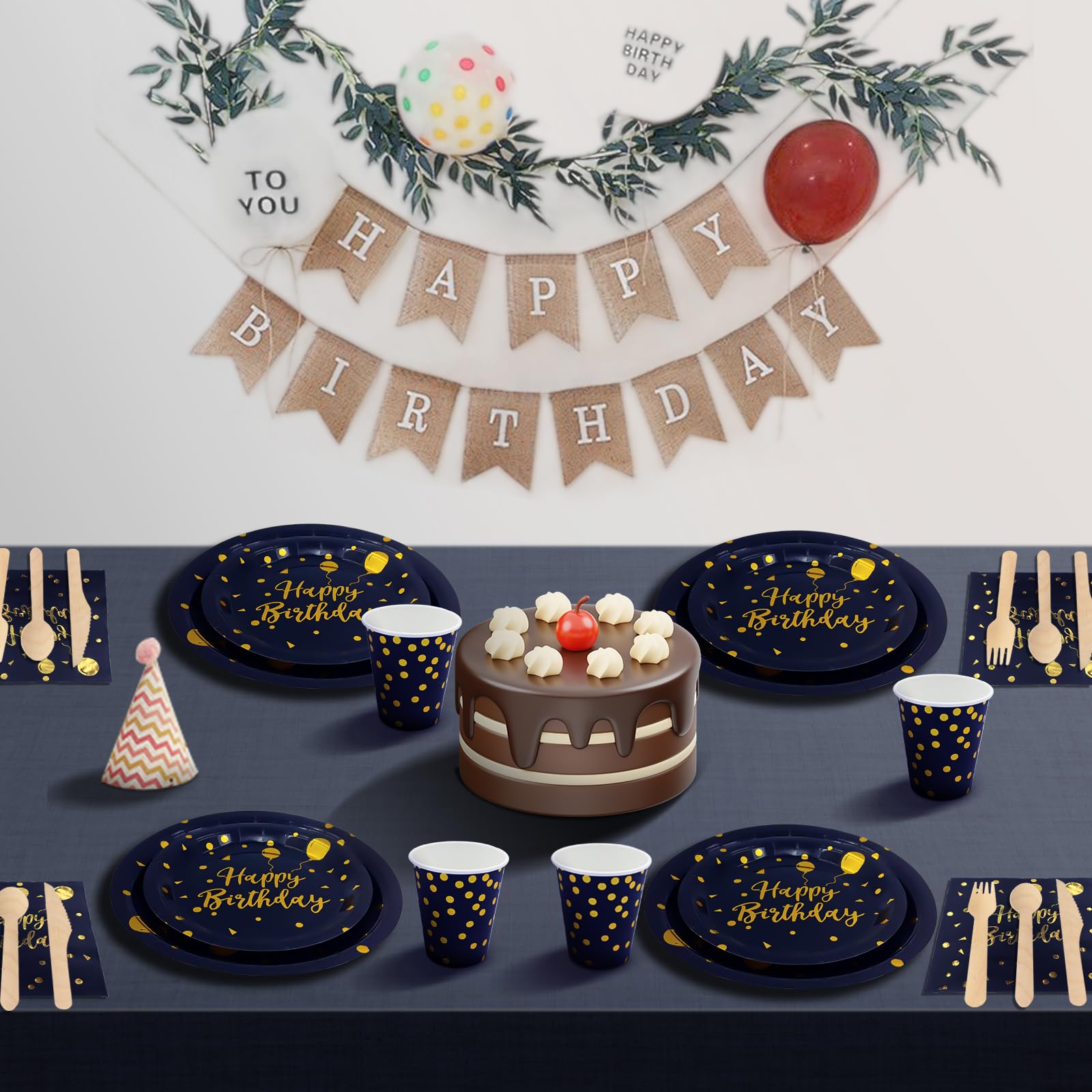 193 Pieces Happy Birthday Partygeschirr Set | Kindergeburtstag Marineblau Gold Pappteller | Tablecloth, Plates, Cups, Napkins, Papier Strohhalme und mehr (24 Gästes)