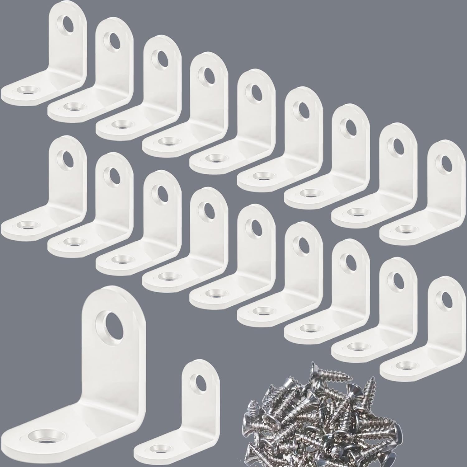 20 PCS Small White L Bracket - 1.2x1.2 Inch Stainless Steel Corner Braces for Wood Furniture, Cabinet Chair & Drawer, Durable Right Angle Shelf Bracket (Includes Screws)