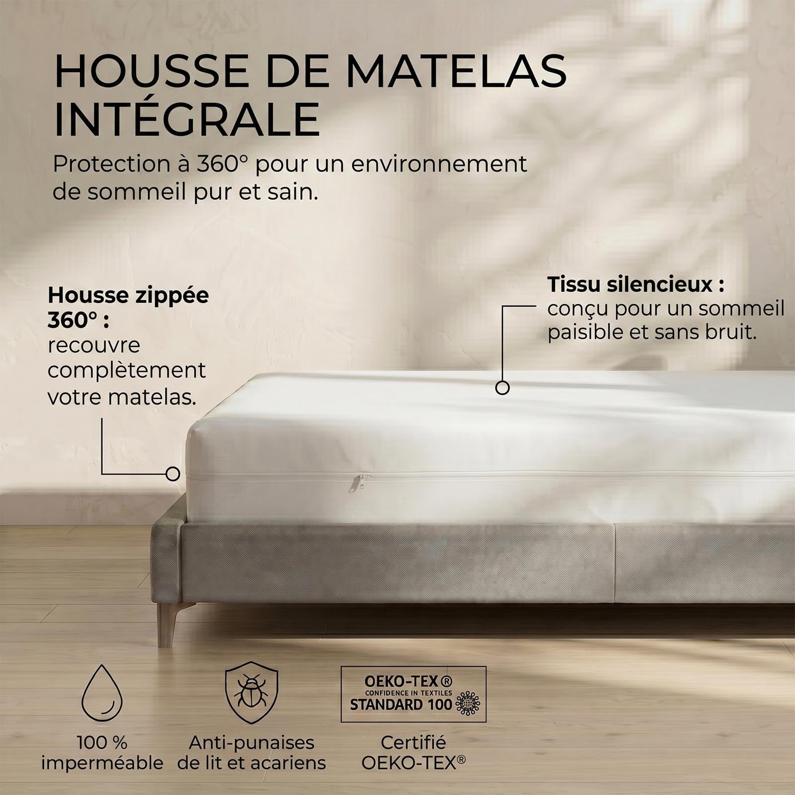 HOMESCAPES Housse de Matelas 160x200 cm avec Fermeture éclair - Protège Matelas imperméable hypoallergénique, Anti acariens et Lavable en Machine - Bonnet 40 cm