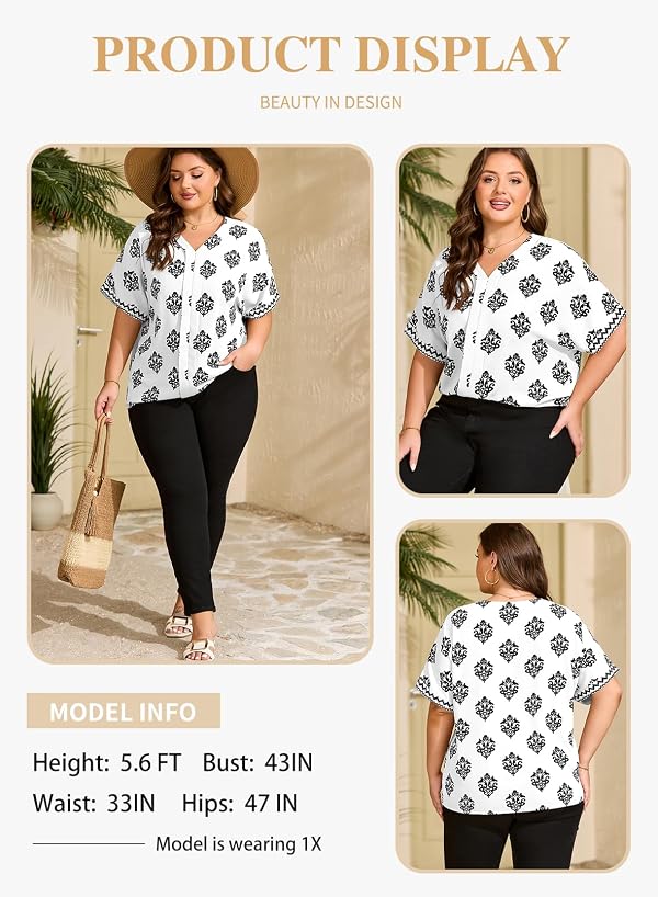 Eytino Plus Size Tops for Women V Neck Short Sleeve Boho Floral Print Casual Summer Chiffon Blouses Shirts,3X White by Eytino - Used condition - Image 3