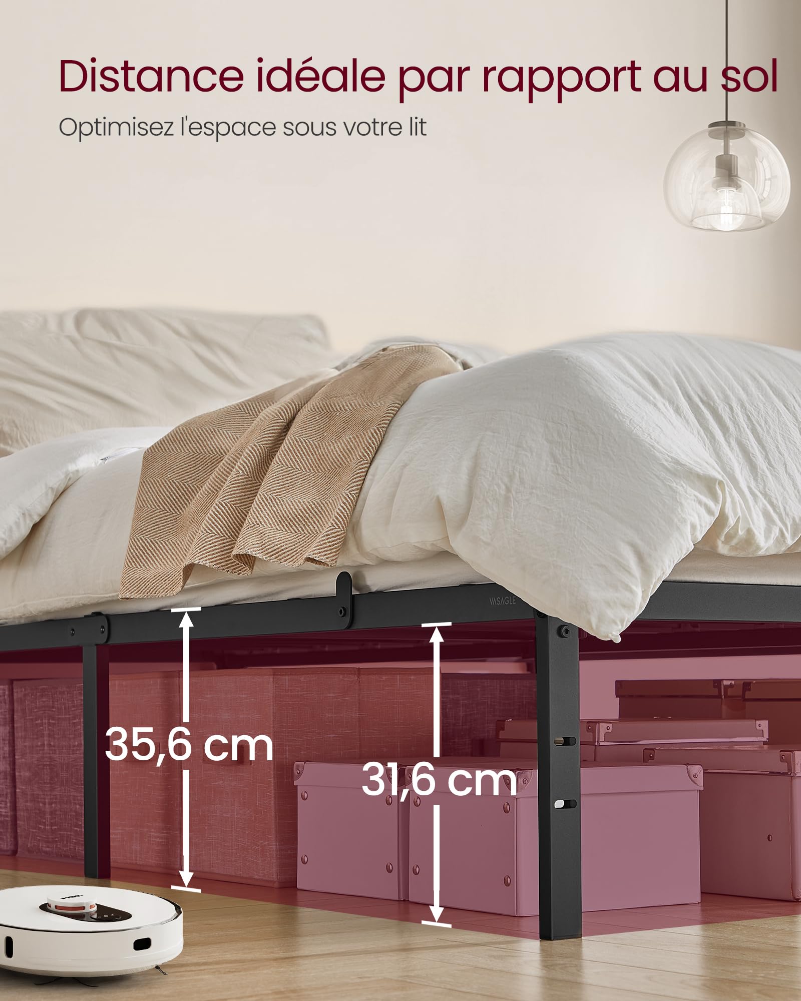 VASAGLE Lit 140 x 190 avec sommier, Cadre de lit Double en métal, 9 Pieds Robustes supporte 450 kg, Espace de Rangement, Montage Facile, Noir d'encre RMB133B01