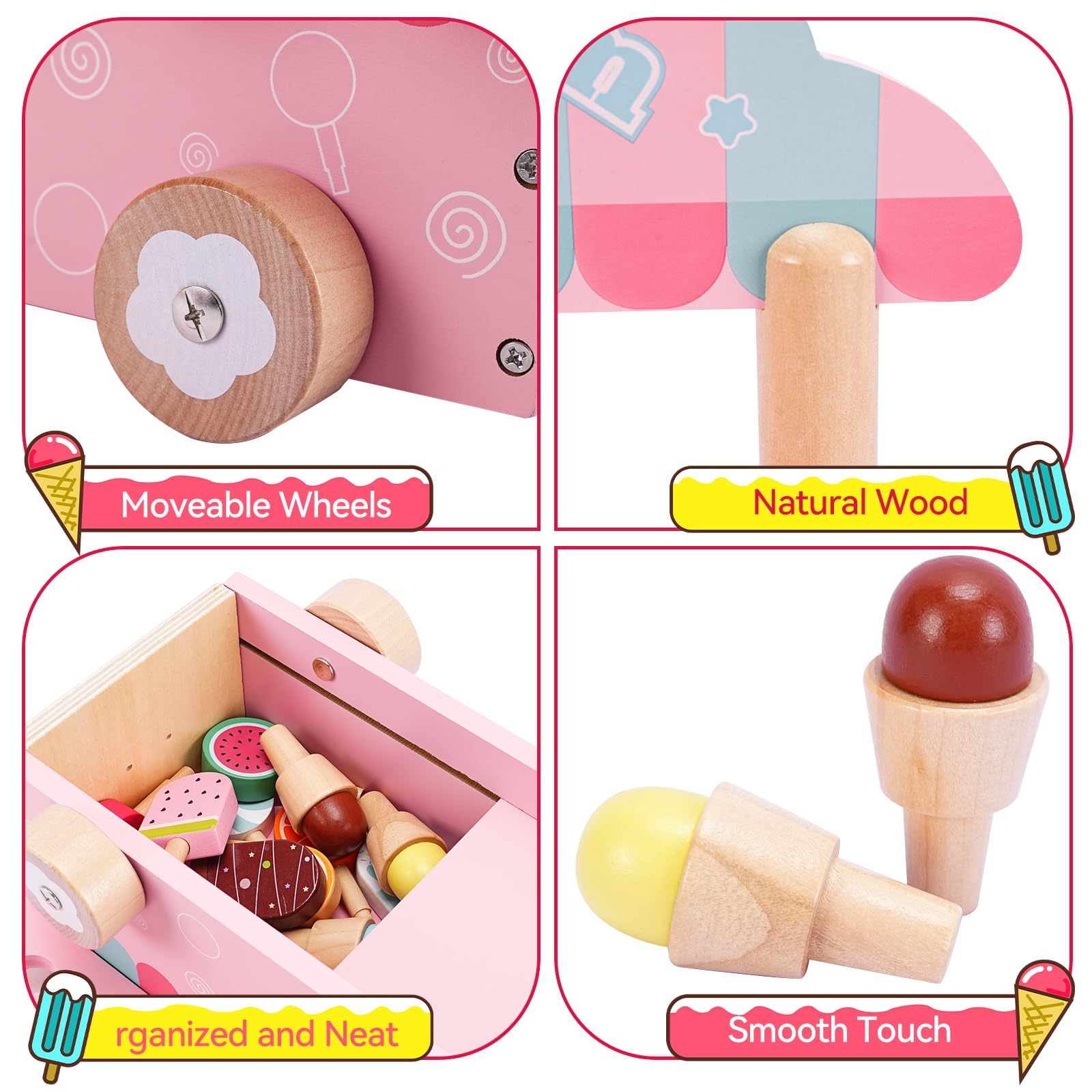 Glacier en Bois pour Enfant,Jeu de Glace en Bois,Jouet de Crème Glacée,Magasin de Glace Enfant Jeux de Rôle Jouets en Bois Jouets Montessori Cadeau pour Garçons Filles à Partir de 3 Ans