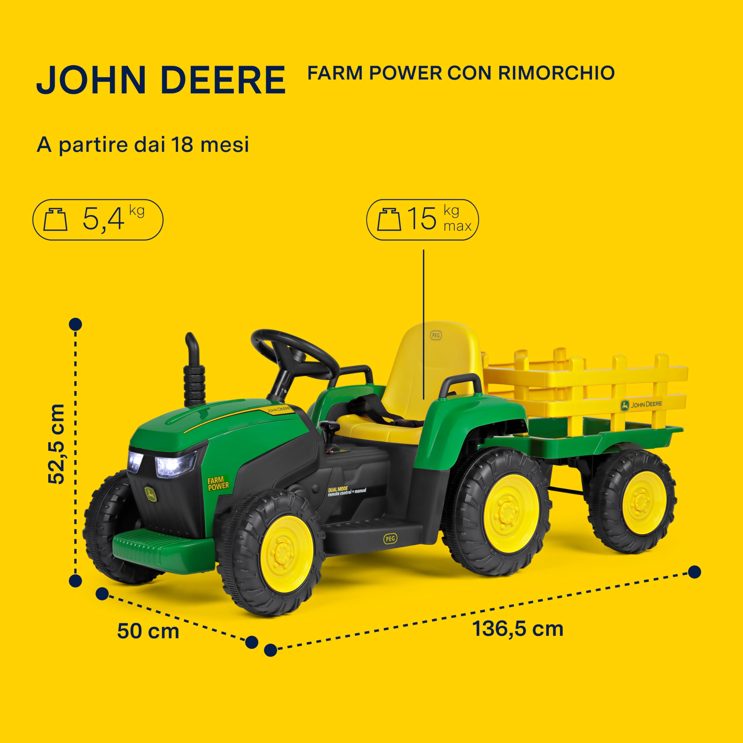 PEG John Deere Farm Power Trattore Elettrico Cavalcabile 12V per Bambini con Telecomando, Guida Manuale, Luci e Suoni, Età 18+ Mesi