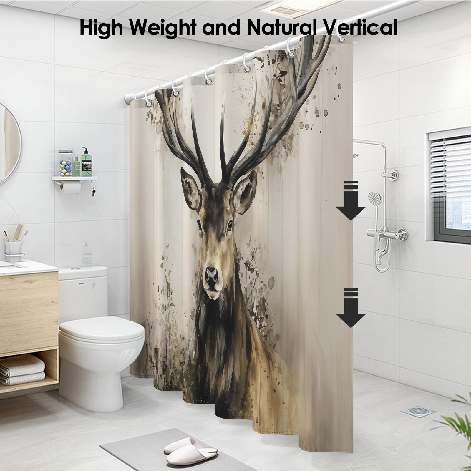 Rideau De Douche Beige Marron Cerf Rétro Peinture À l'huile Aquarelle Rideau De Bain Tissu Polyester Anti Moisissure Imperméable Lavable Rideaux Salle De Bain avec Crochets pour Baignoire