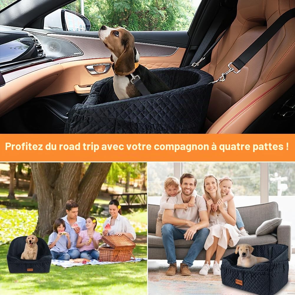 Vivifying Siège Auto pour Petit Chien, rehausseur Amovible et Lavable pour Animaux jusqu'à 11,3 kg - Lit de Voyage avec Compartiments de Rangement et Ceinture de sécurité (Noir)