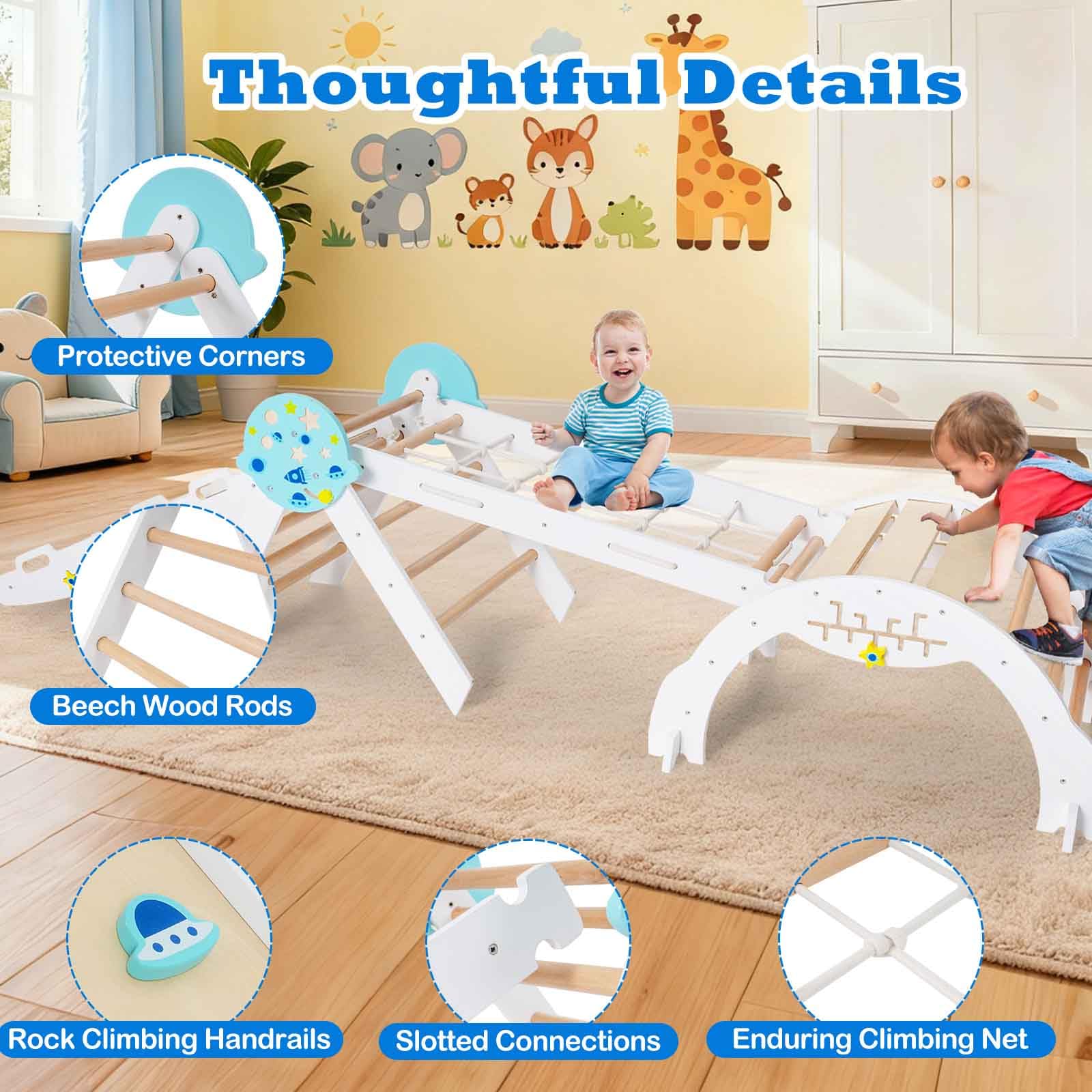 HOMASIS 4 en 1 Triángulo de Escalada Montessori, Estructura para Escalar con Arco, Rampa, Cuerda y Escalera, Área de Juegos Educativa para Niños a Partir de 3 Años. (Color Blanco)