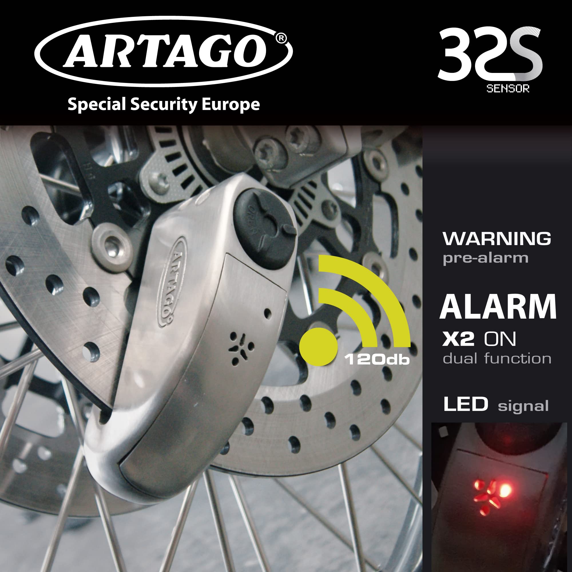 ARTAGO 32S5 Pack Antifurto Bloccadisco con Allarme 120db Alta Sicurezza + Supporto per Ducati Monster Diavel, Omologato Sra
