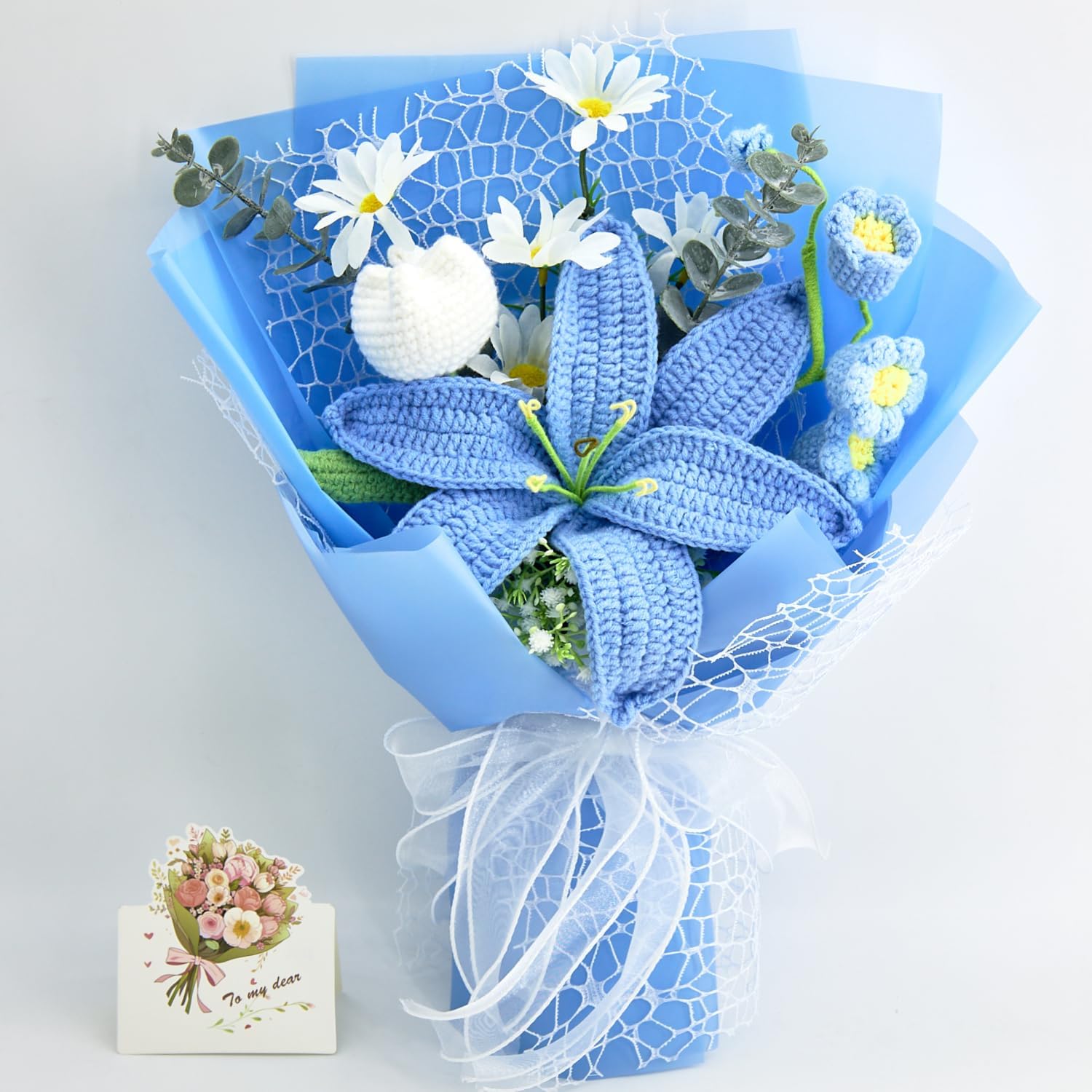 Crochet Flowers Bouquet, Handmade Crochet Flower Bouquet with Blue Lily & Roses, Forever Flowers Gift for Mom, Mother’s Day Birthday Graduation Gift,Include Gift Card&Bag