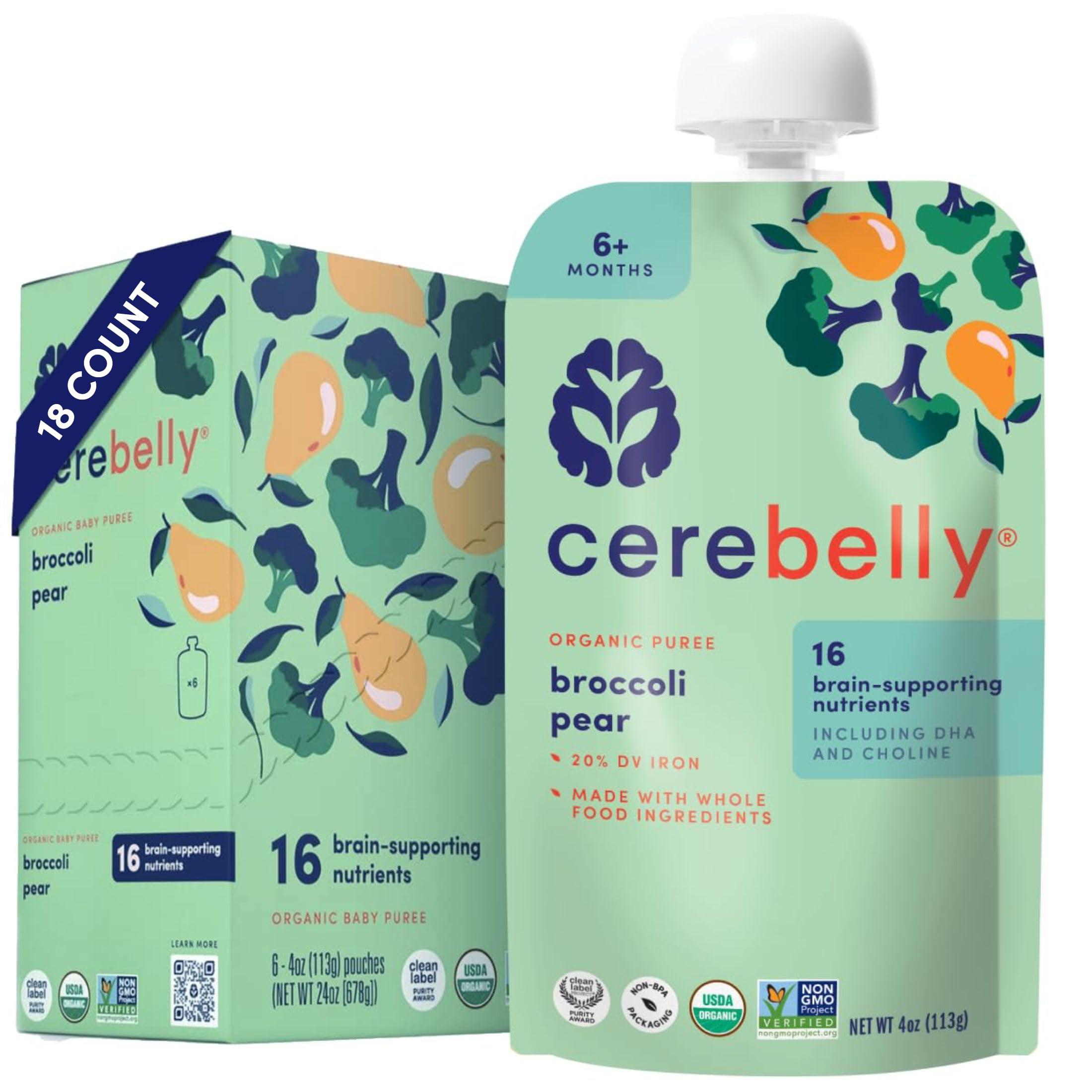 Cerebelly Organic Baby Food Pouches, Broccoli Pear Purees, 16 Nutrients, No Added Sugar, Fiber & Non-GMO, 4oz, 18 Pack