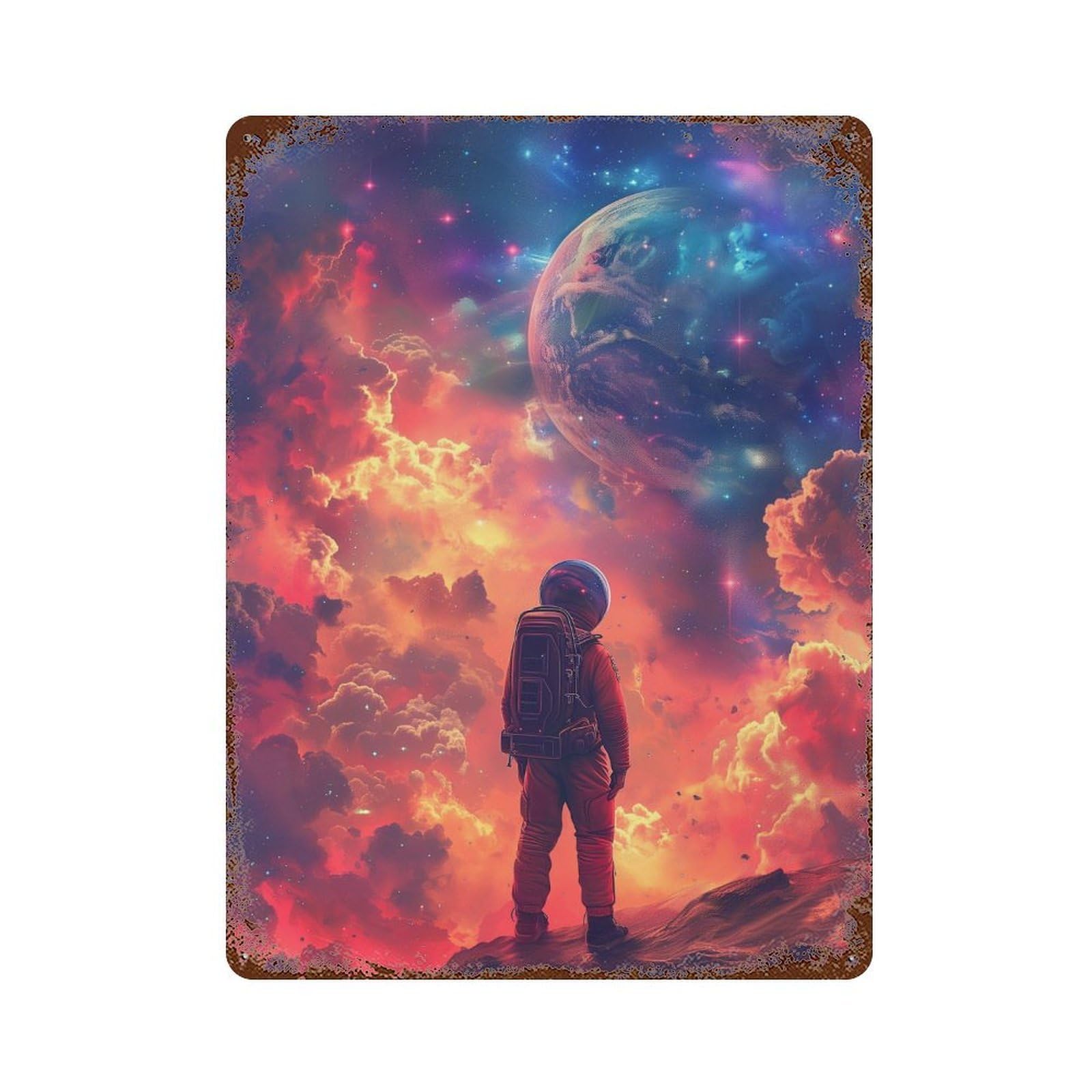 Distressed Metal Wall Sign with Space Explorer Astronaut on Alien Planet Design 15.7"x11.8", for Shed, Workshop And Garage Wall Decor, Decorative Metal Wall Art