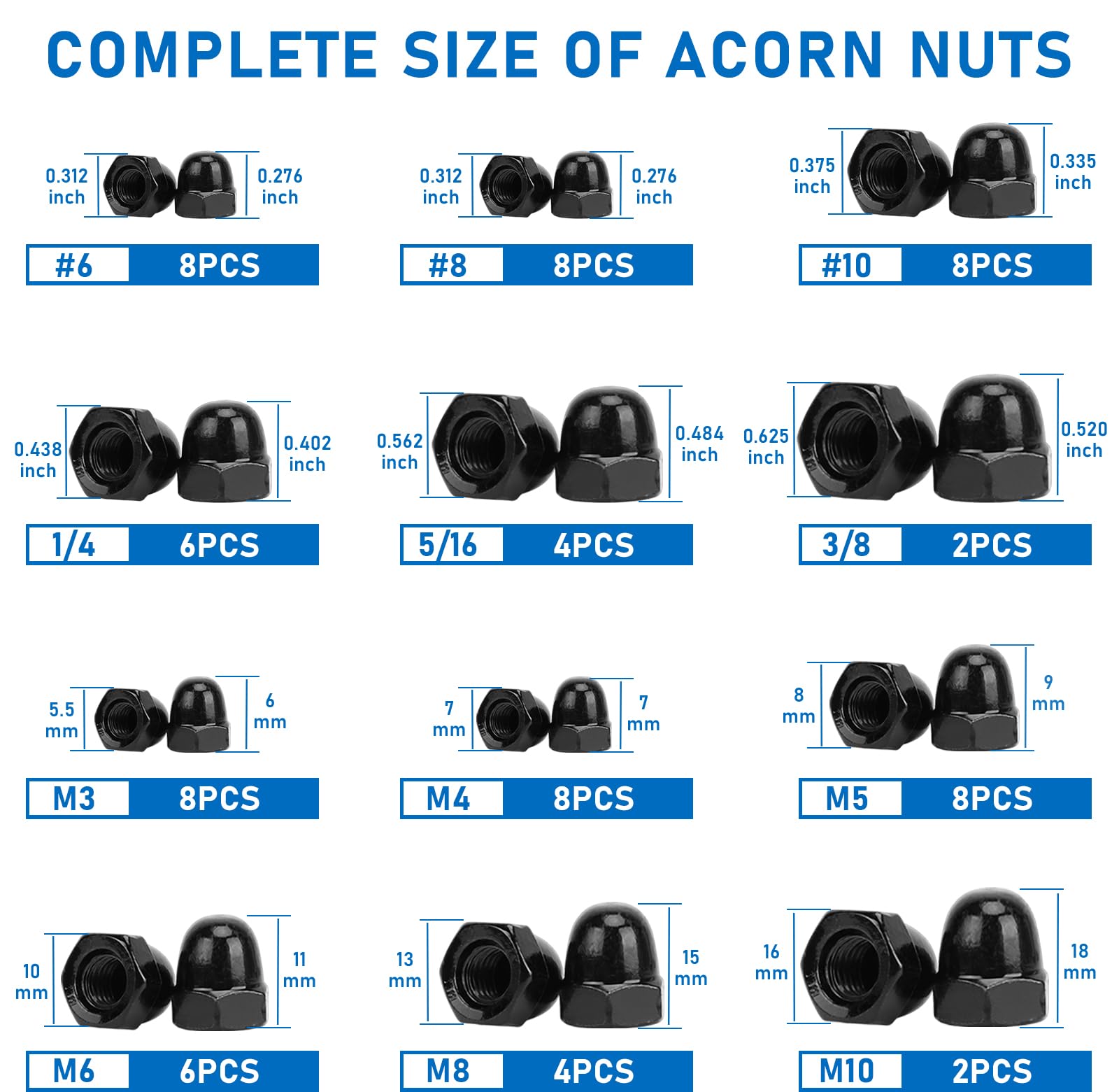 Black Acorn Nuts - 72pcs Metric & SAE Stainless Steel -2
