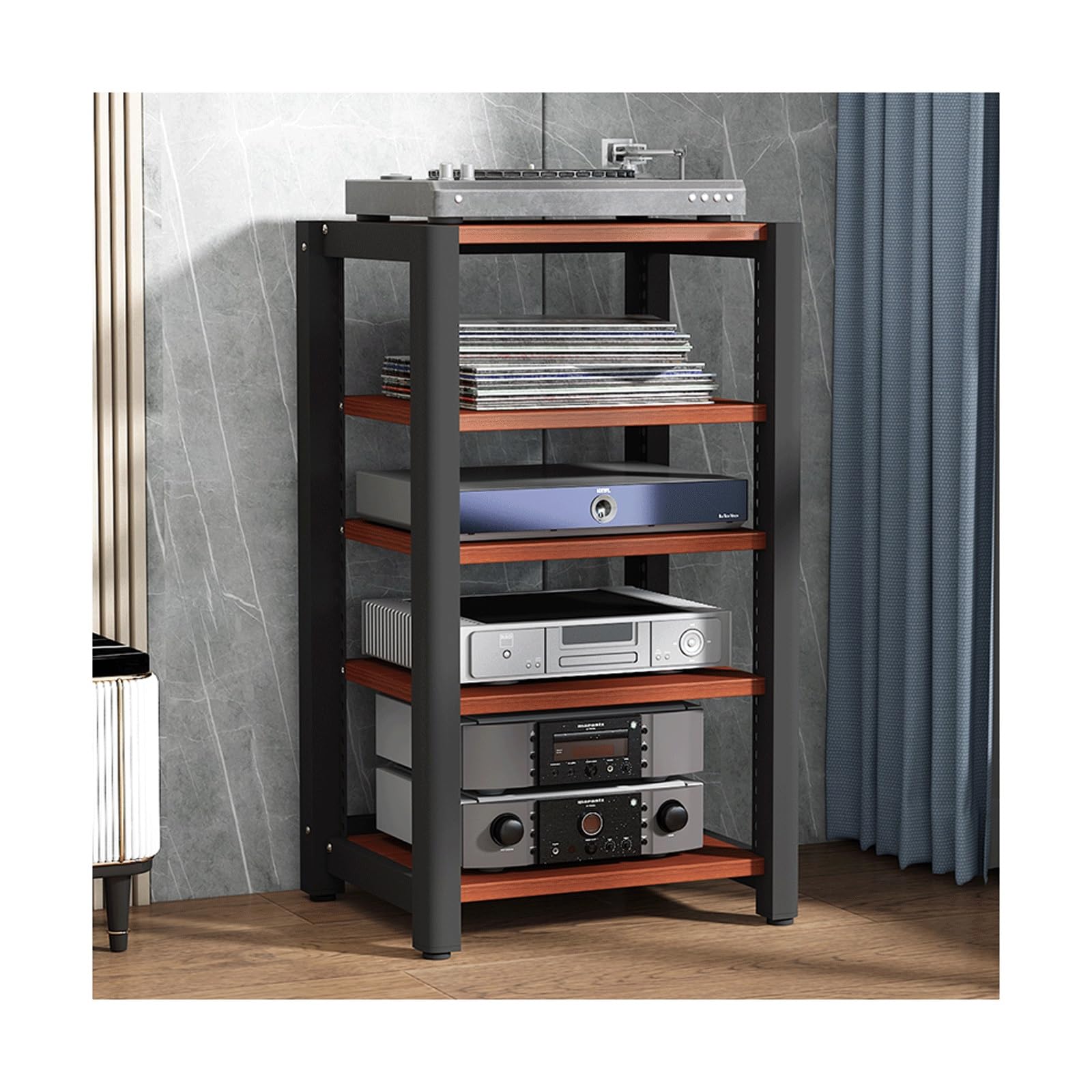 Stojak wieżowy stereo, 5-poziomowy drewniany stojak na komponenty AV z regulowanymi półkami na odtwarzacz CD/DVD/nagrywania, narożna szafka na multimedia, czerwony