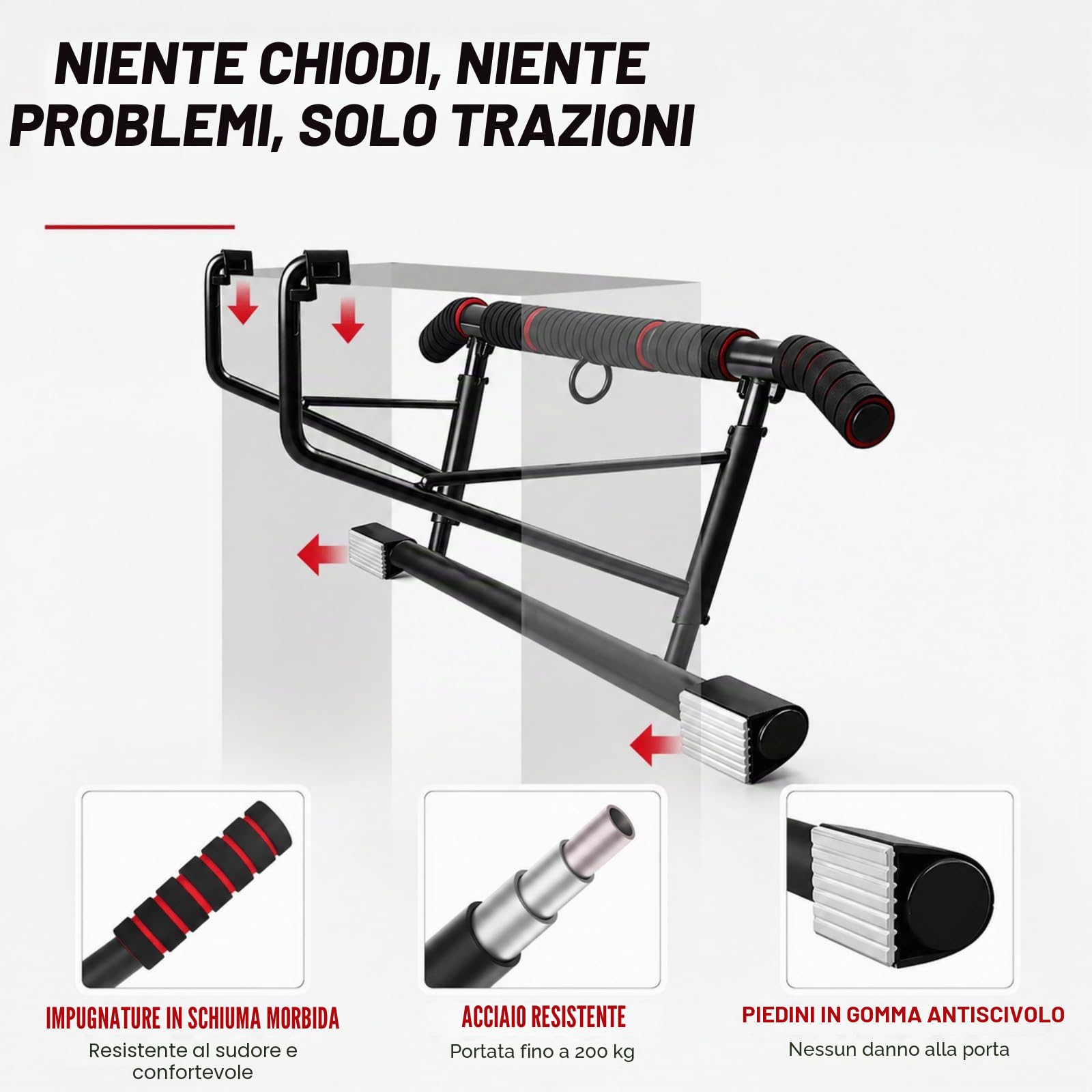 Barra per Trazioni da Porta Senza Installazione, Pull Up Bar | 6 Impugnature Regolabile, Sbarra Trazioni Pieghevole Palestra in Casa (69-92cm)